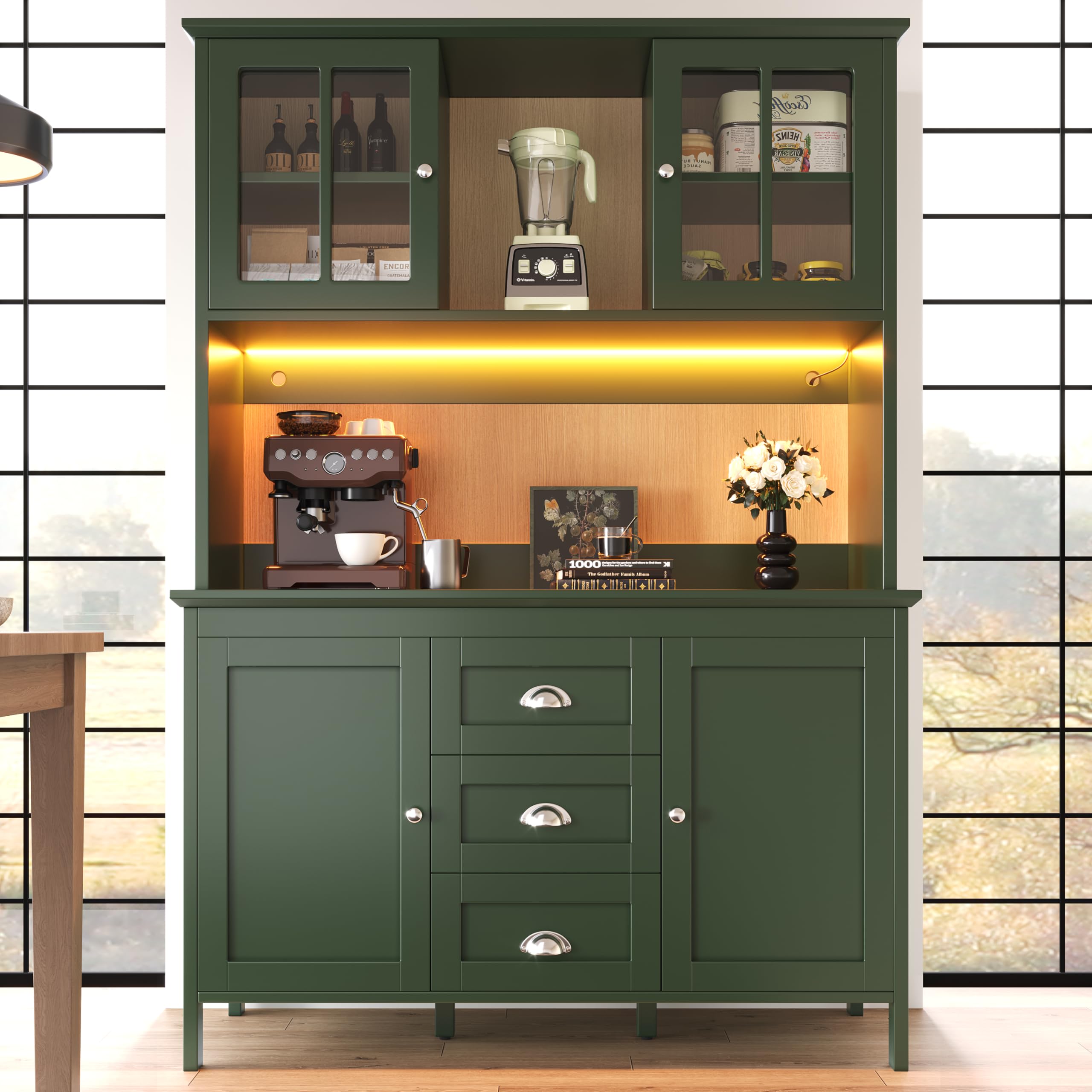 Küchenschrank mit LED-Beleuchtung und Verstellbare Füße, Hochschrank mit Schublade und Aufbewahrungsschrank, Buffetschrank mit Braunen Glastüren, Grün-C, 120x40x179 cm