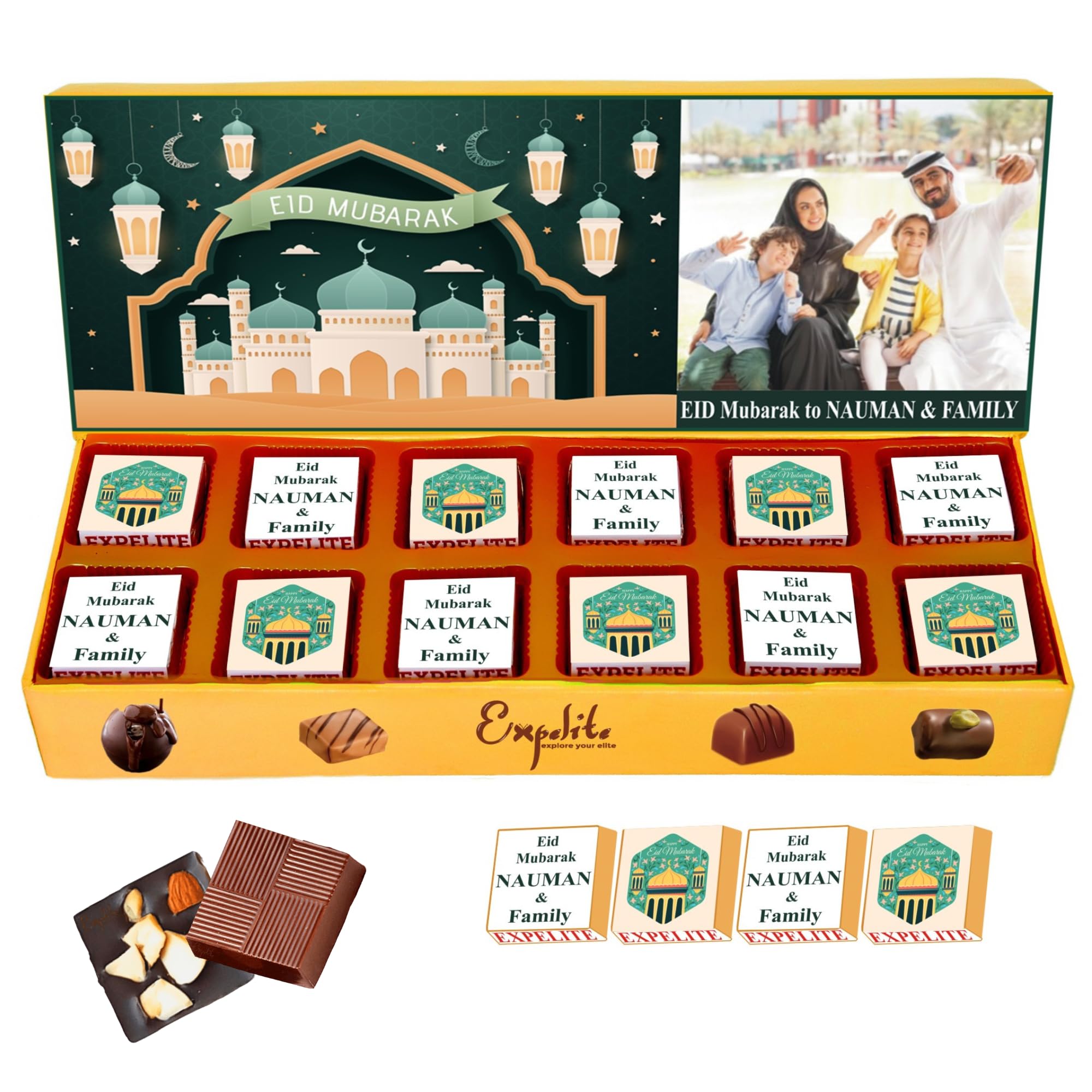 Expelite Personalised Eid Mubarak Dry Fruits Chocolate gift 12 pieces - with name and photo