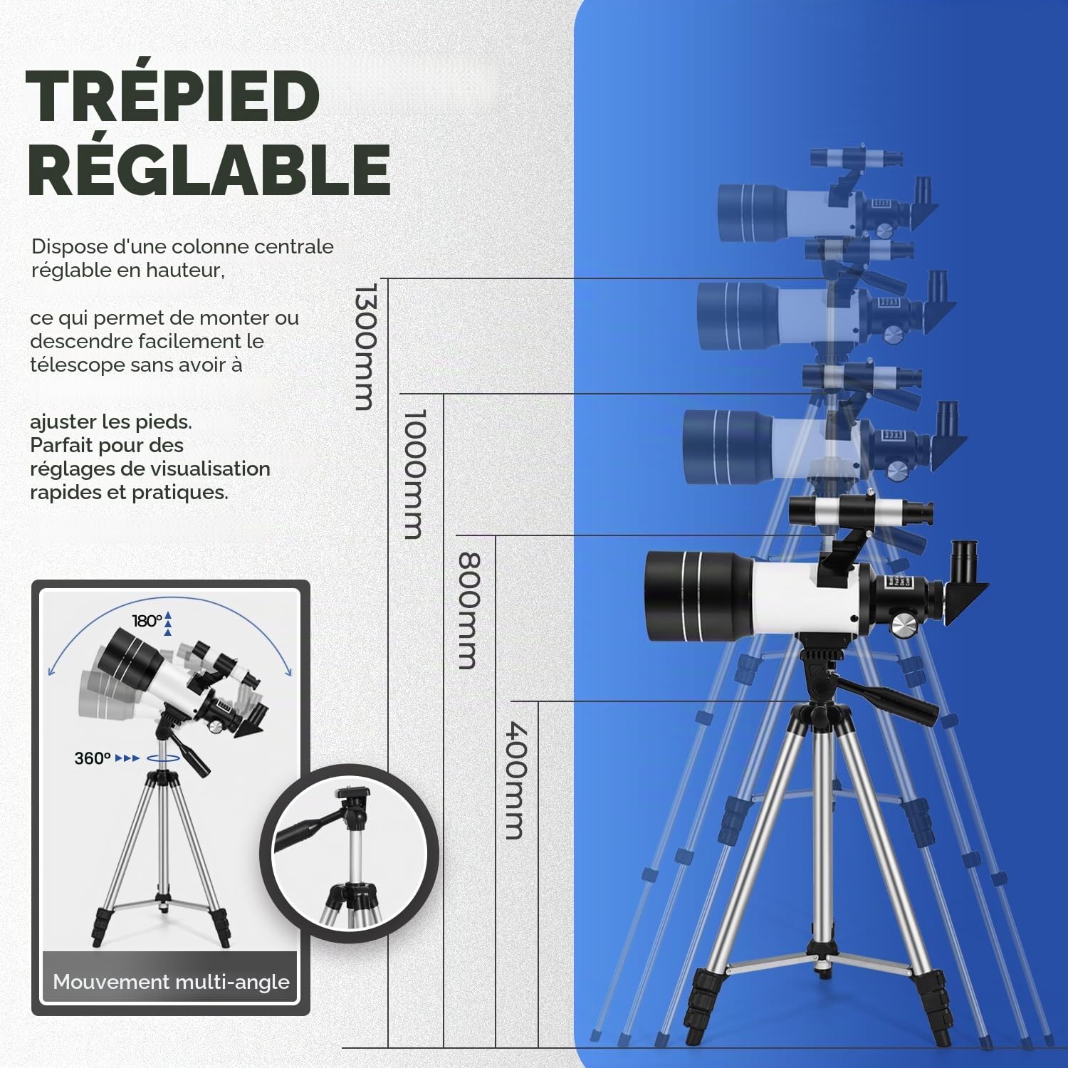 ESAKO Télescope Portable pour Enfants et débutants, Ouverture de 70 mm avec 3 oculaires, trépied réglable en Hauteur, Adaptateur de téléphone et télécommande, Cadeau de Noël