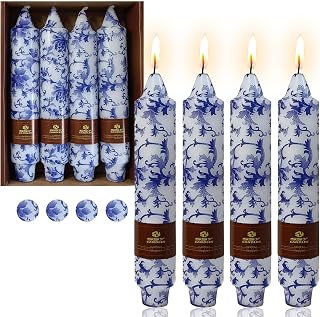 Floral Taper Candle Printed Candlesticks - Gedengni 4pcs Blue and White Handmade Candles Dripless Candle Sticks 7inches Flower Tapered Candles for Home Party Wedding Dinner,18BW