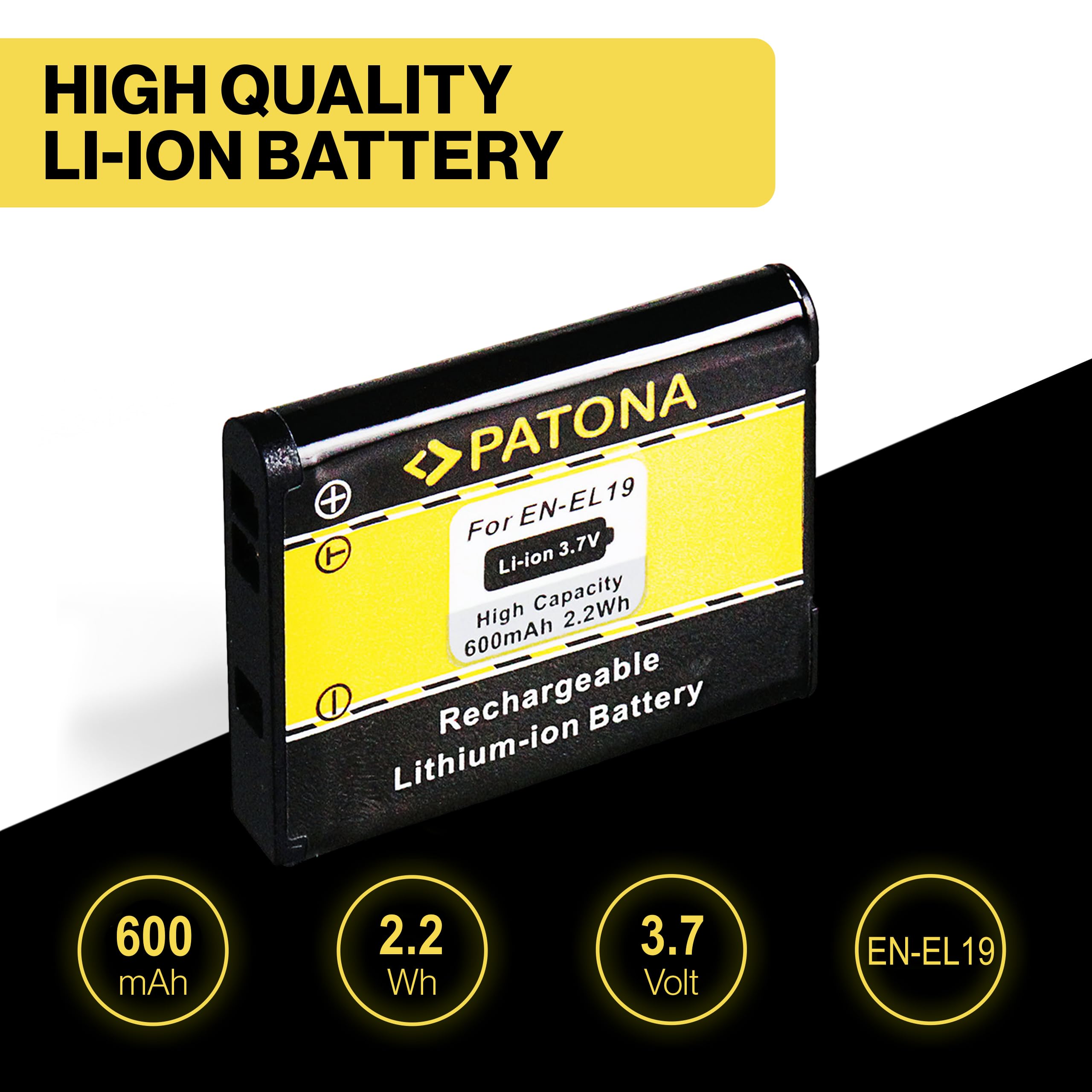 PATONA EN-EL19 Batteria 600mAh – ricambio per Nikon EN-EL19 – per Coolpix S100 S2600–S7000, A100 A300, W100 W150 – nuova energia per la compatta di famiglia