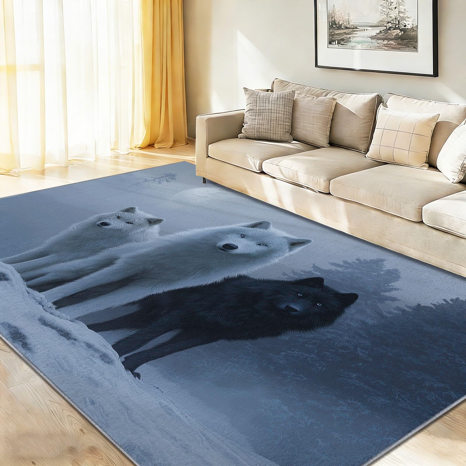 Tappeto per la cameretta dei bambini, tappeto invernale con lupi e pinete, lavabile, antiscivolo, a pelo basso, decorazione per la casa, idea regalo, 80 x 150 cm, grigio