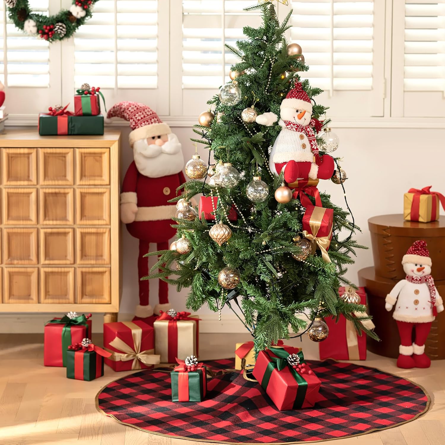 クリスマスツリースカート 48インチ ラージ バッファローチェック レッド ブラック クリスマスツリースカート クリスマスパーティー