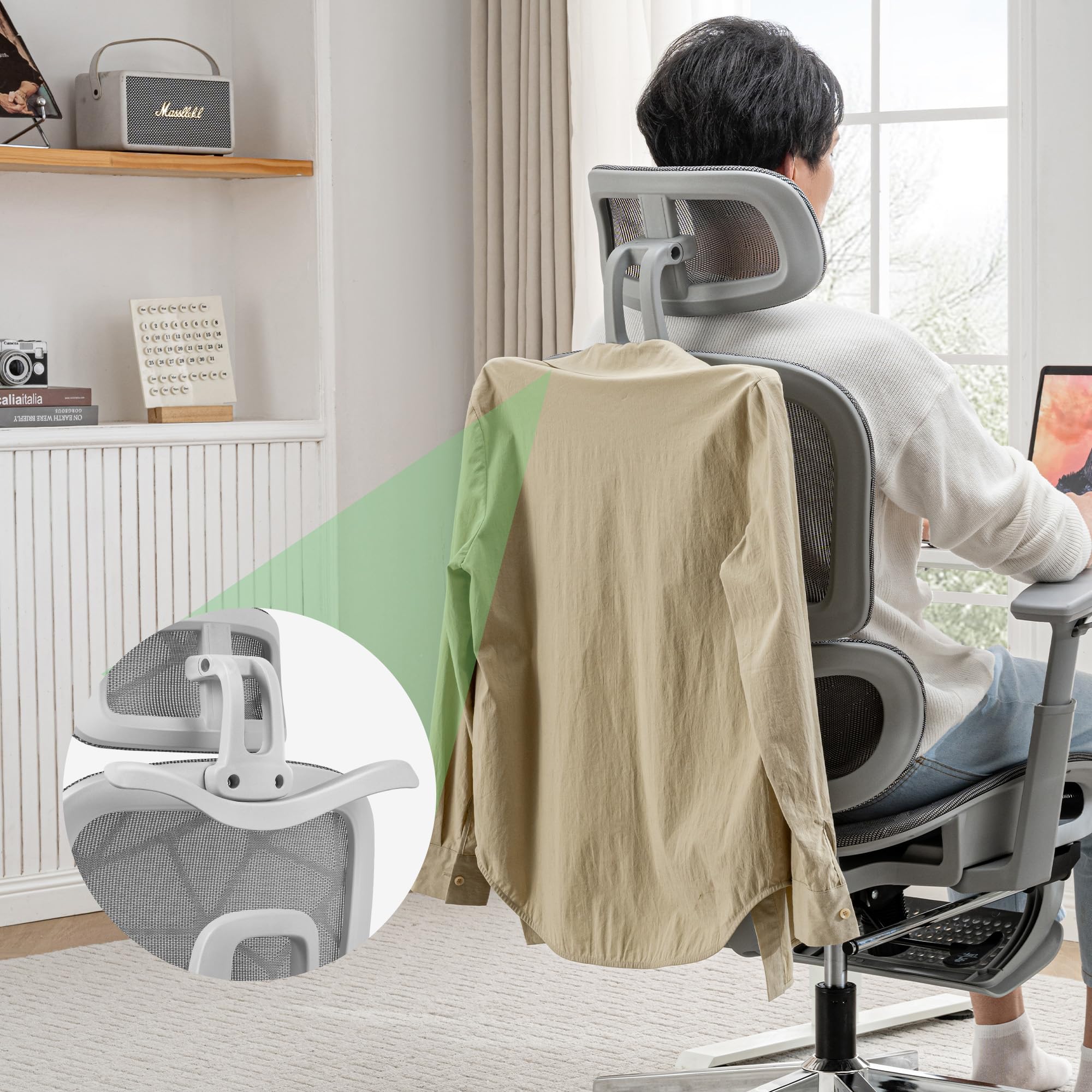Silla de oficina ergonómica de malla con reposapiés, silla de juegos de malla de respaldo alto con soporte lumbar, soporte de espalda, reposacabezas y reposabrazos ajustables para oficina en casa 9