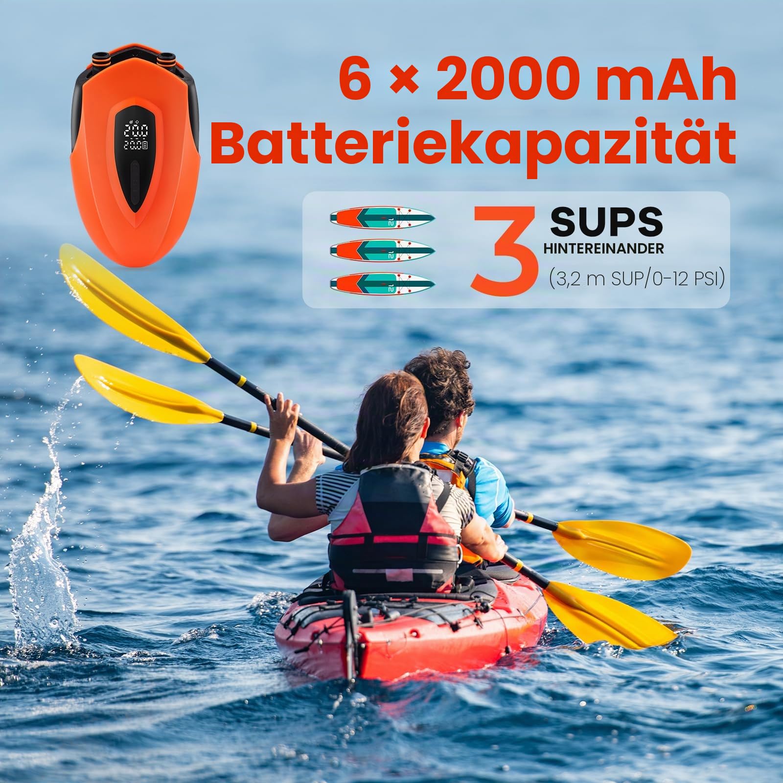 Elektrische Luftpumpe, 20 PSI Hochdruck Elektrische SUP Luftpumpe, 12000 mAh Wiederaufladbare Akku Luftpumpe, mit LED-Licht, 12 V DC, für Schlauchboot, Luftmatratze