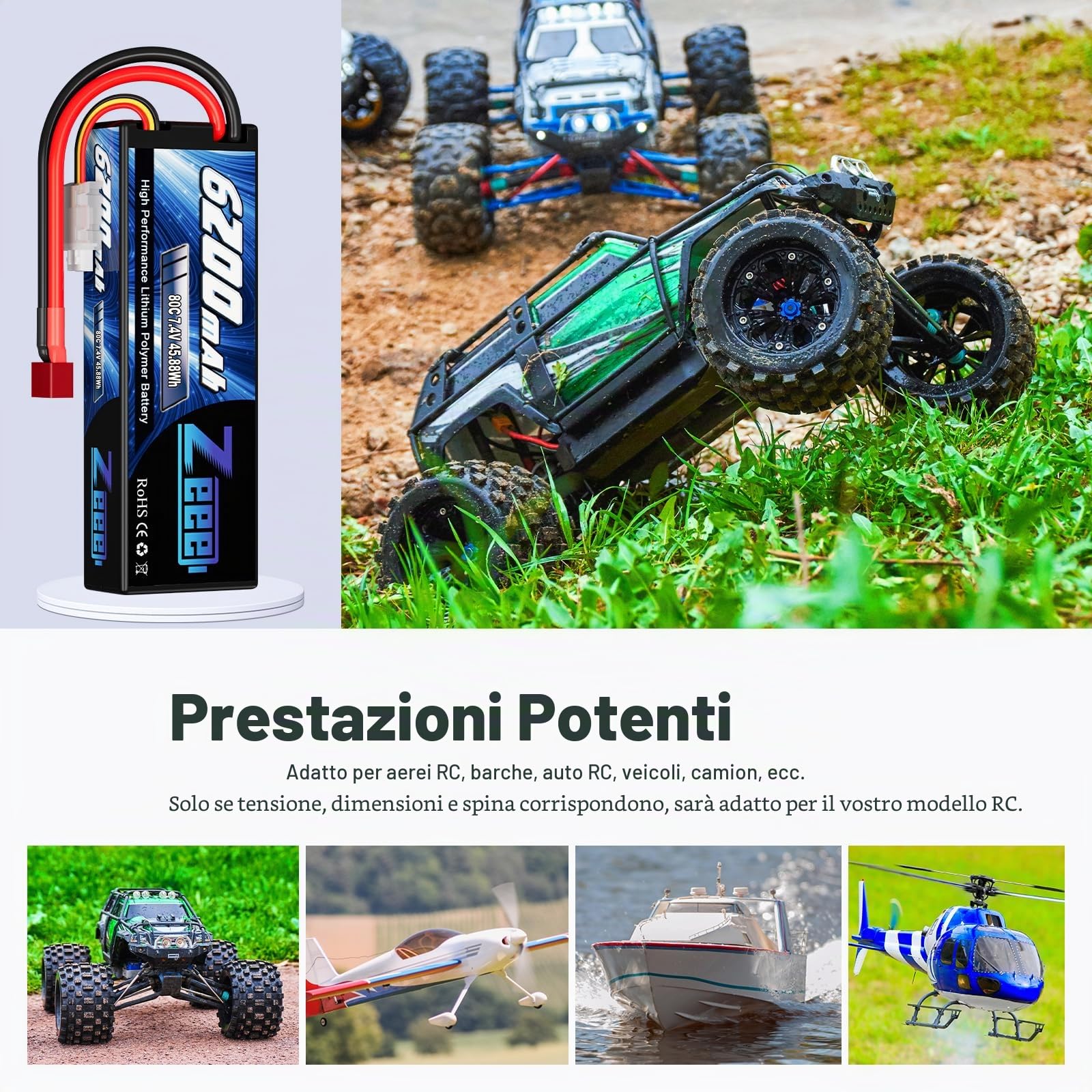 Zeee 2S Lipo 7.4V 80C 6200mAh Batteria RC Hardcase con T Plug (2 pezzi)