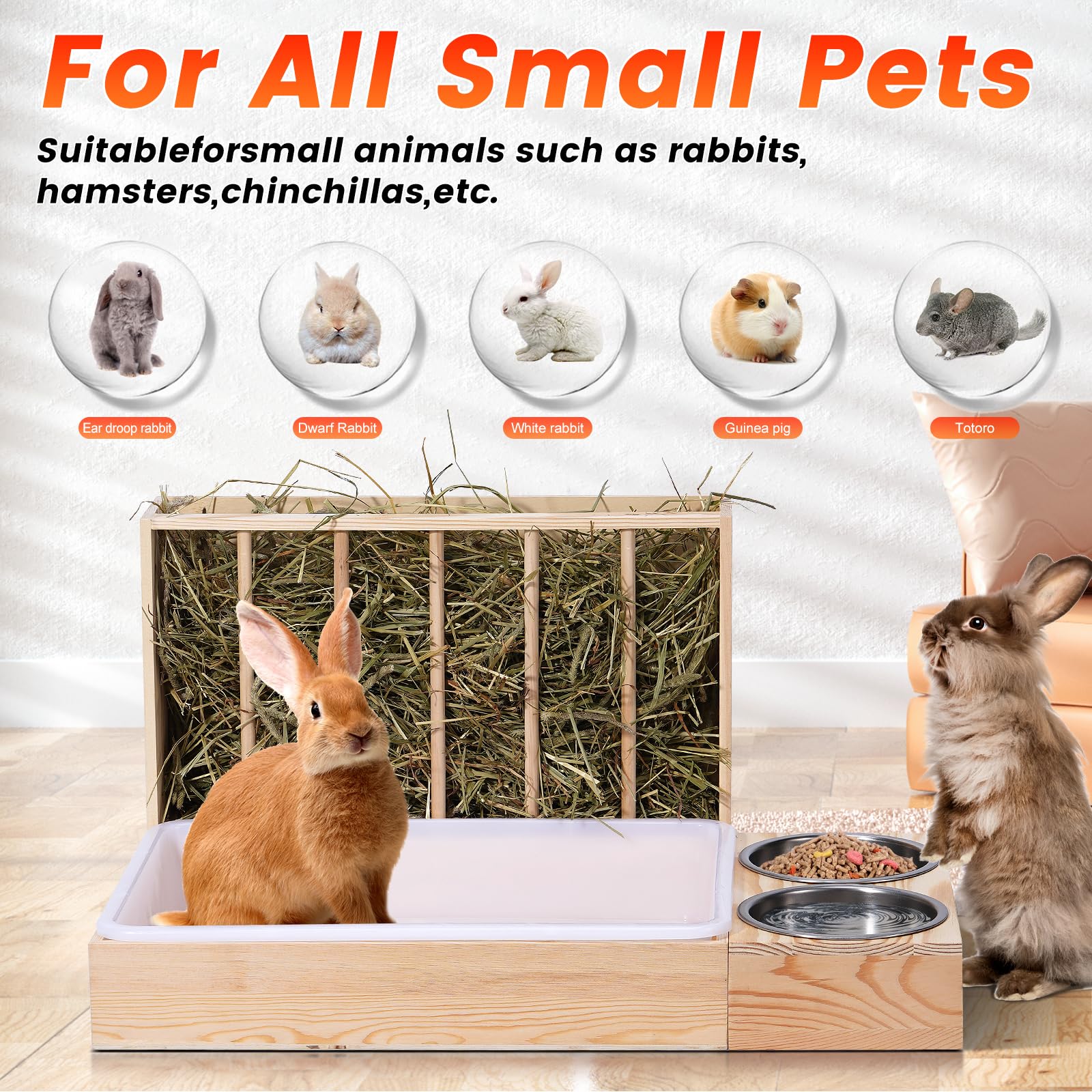 Râtelier à foin 3 en 1 pour lapin, râtelier à foin en bois avec deux bols, distributeur de nourriture pour lapins et cochons d'Inde, chinchillas et autres petits animaux