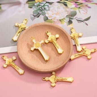 12 Pack St Benedict Catholic Pendants, Gold Enamel Cross Charms