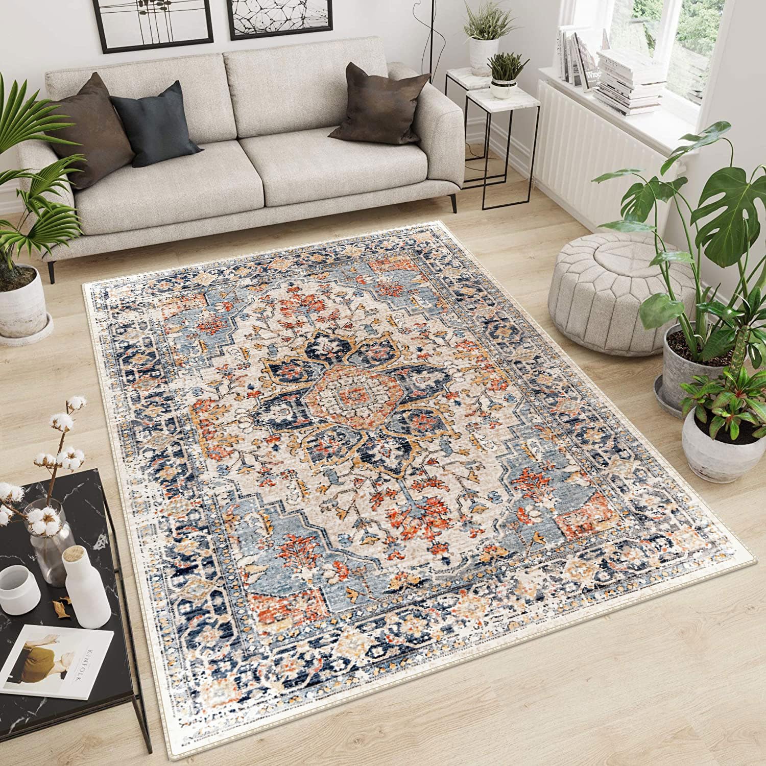 Area Rugs Washable Non-Slip, Floral Vintage Distress Print Pattern Medallion Carpet for Living Room Bedroom Dining Room, Beige Navy Blue Orange Colorful (Blue, 5' x 7')