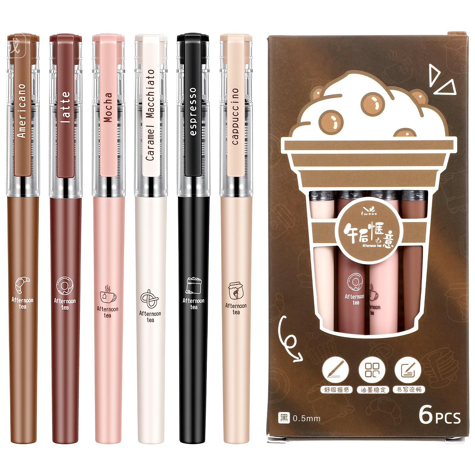 Ymapinc 6Pcs Cute Coffee Pens,0.5 mm Fine Point Gel Pens Retractable Quick Black Ink Pen Smooth Writing Aesthetic Pen for Students School Office Supplies (Coffee)