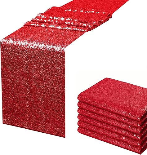 Camino de mesa de lentejuelas rojas de 12 x 108 pulgadas, paquete de 6, camino rectangular con purpurina para decoración de fiestas, graduaciones,