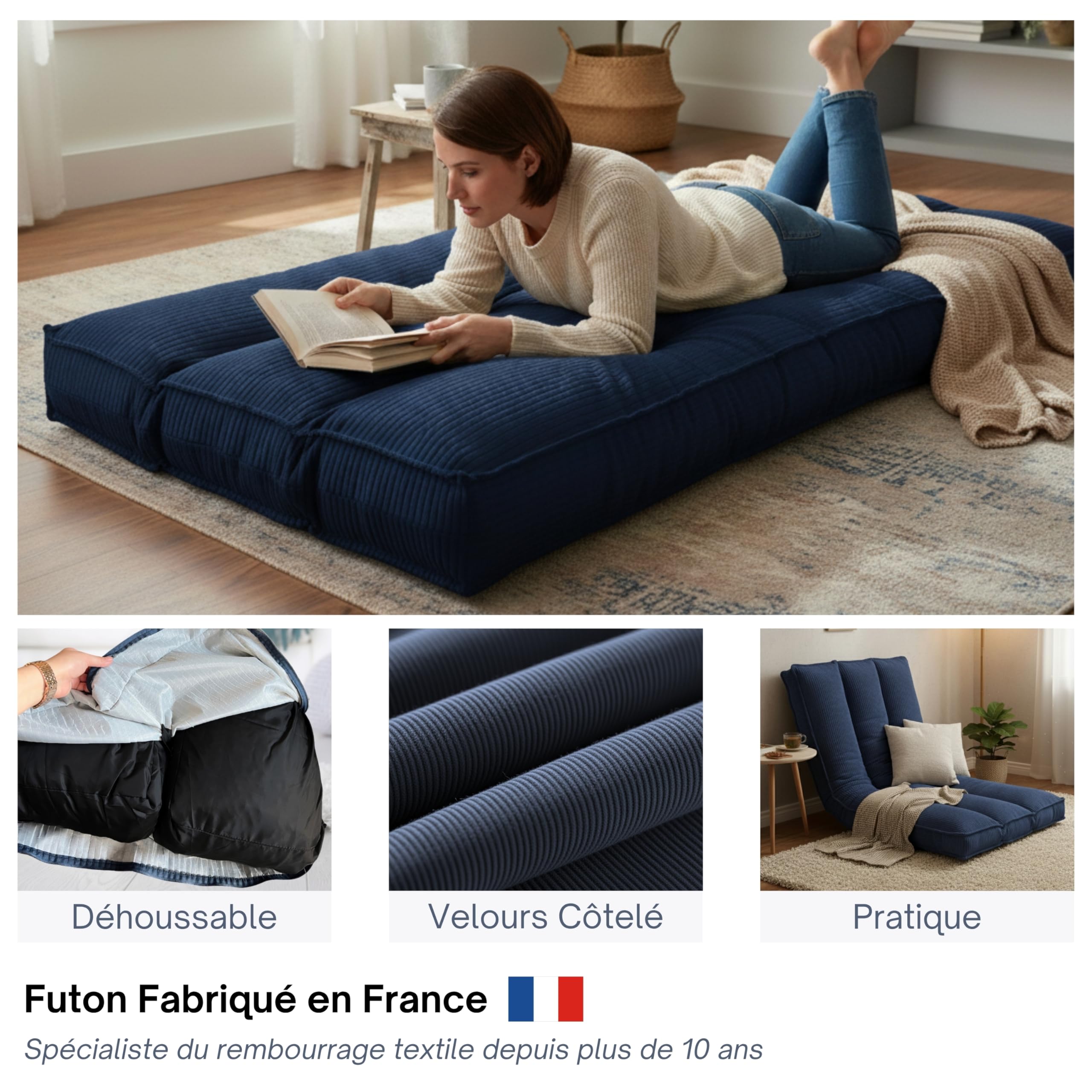 bananair - Futon 1 Place Épais & Confortable Fabriqué en France, Housse Lavable, Idéal comme Matelas de Sol, d'Appoint, Chauffeuse - Futon Pliable, Sangle de Rangement Incluse (90x190 cm, Bleu Nuit)