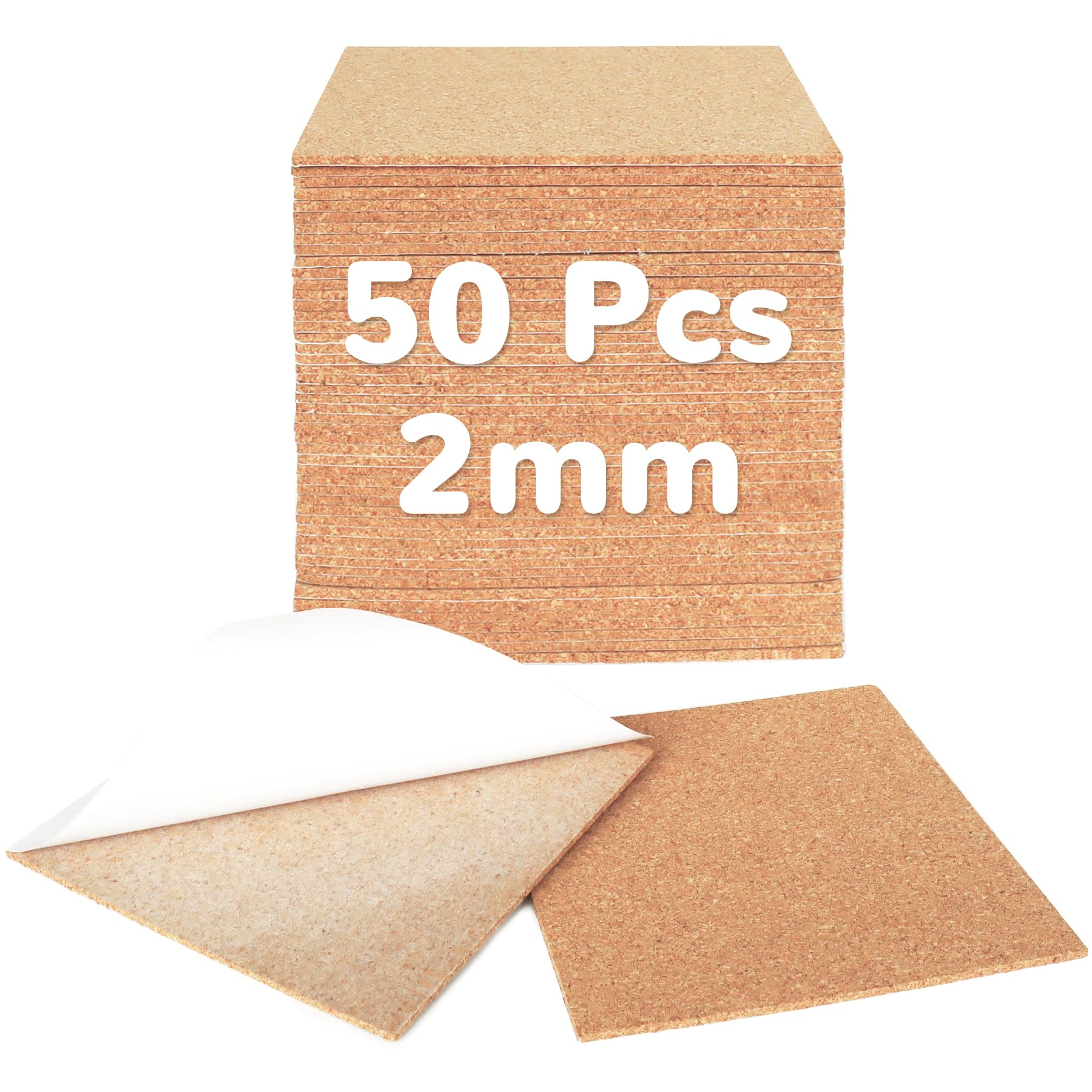 50 Pcs 2mm Self-Adhesive Cork Sheets for DIY Coasters, 4 Inch Thick Square Backing Cork Tiles Mat with Strong Adhesive-Backed for DIY Crafts Adhesive Cork Board