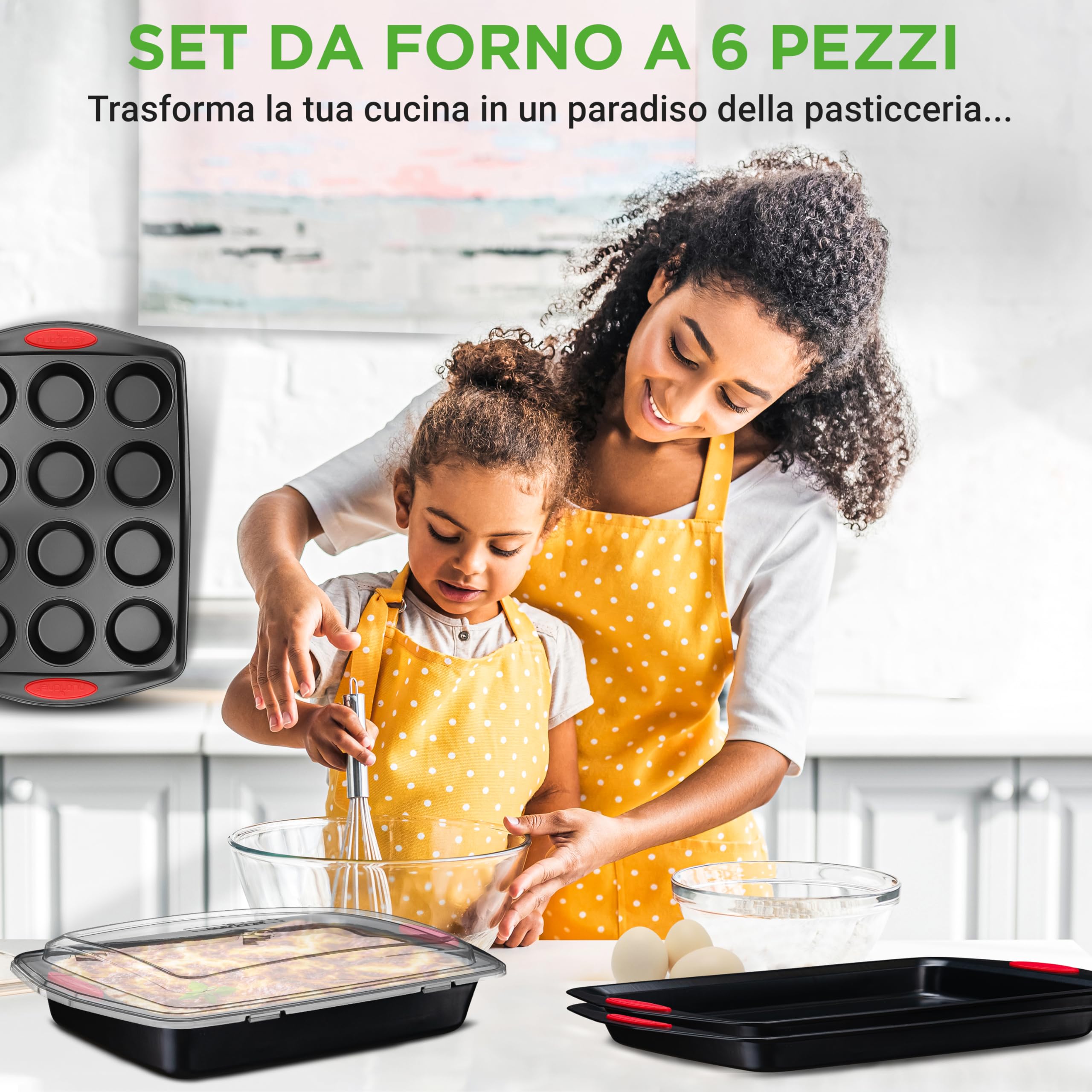 NutriChef Set 6 Pezzi Teglie Forno Antiaderenti in Acciaio al Carbonio con Manici in Silicone, Teglie da Forno per Pizza, Pane, Dolci, Biscotti, Lasagna, Verdura, Torta, Stampo Muffin, Stampo Plumcake