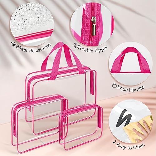 Miniatura 6 de 10 piezas de maquillaje de viaje transparente, plástico PVC cosmético aprobado por la TSA kit organizador con cremallera bolso, Rosa Rojo