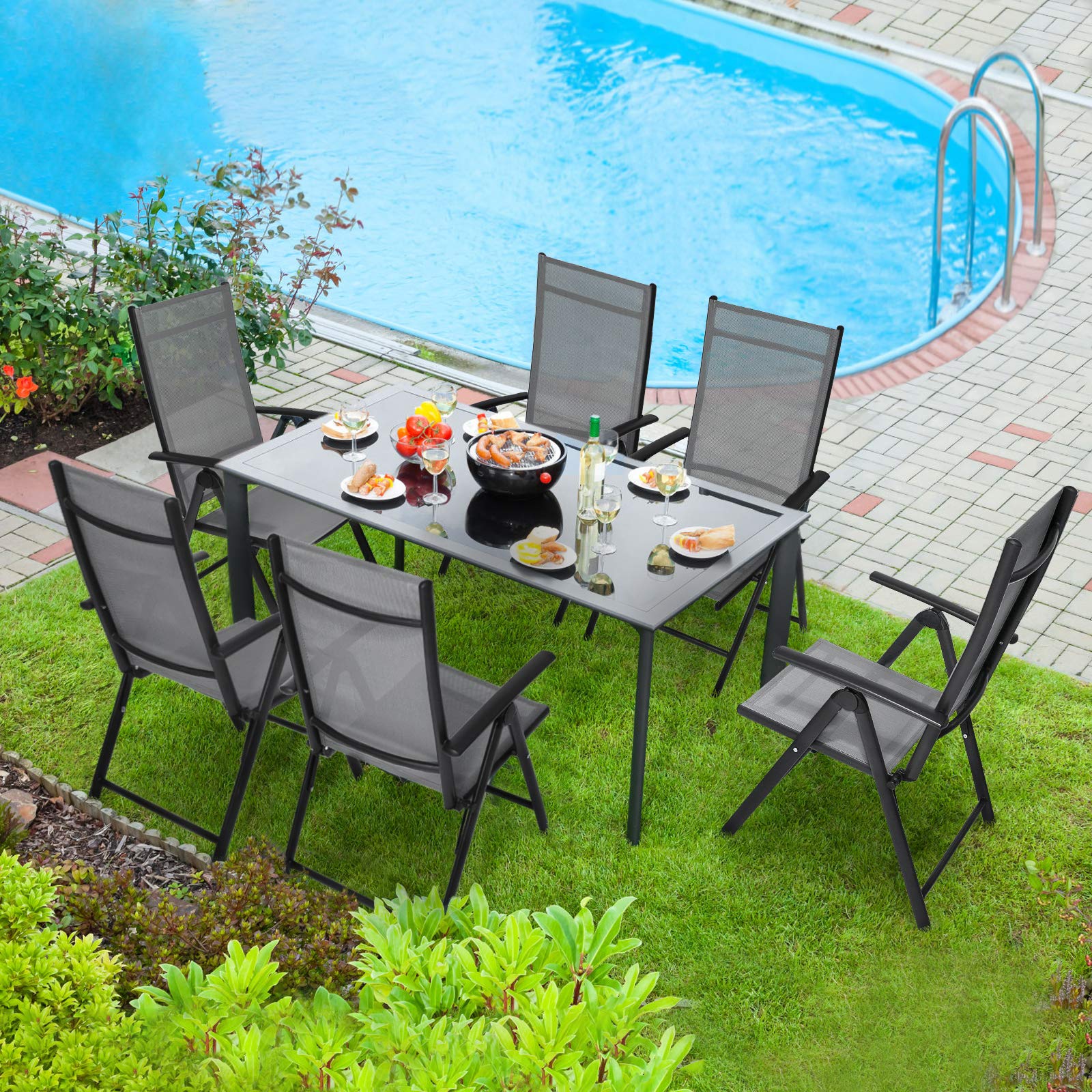 2 Chaises De Jardin Pliantes - Dossier Haut Réglable 7 Positions, Métal Résistant, Tissu 540gsm