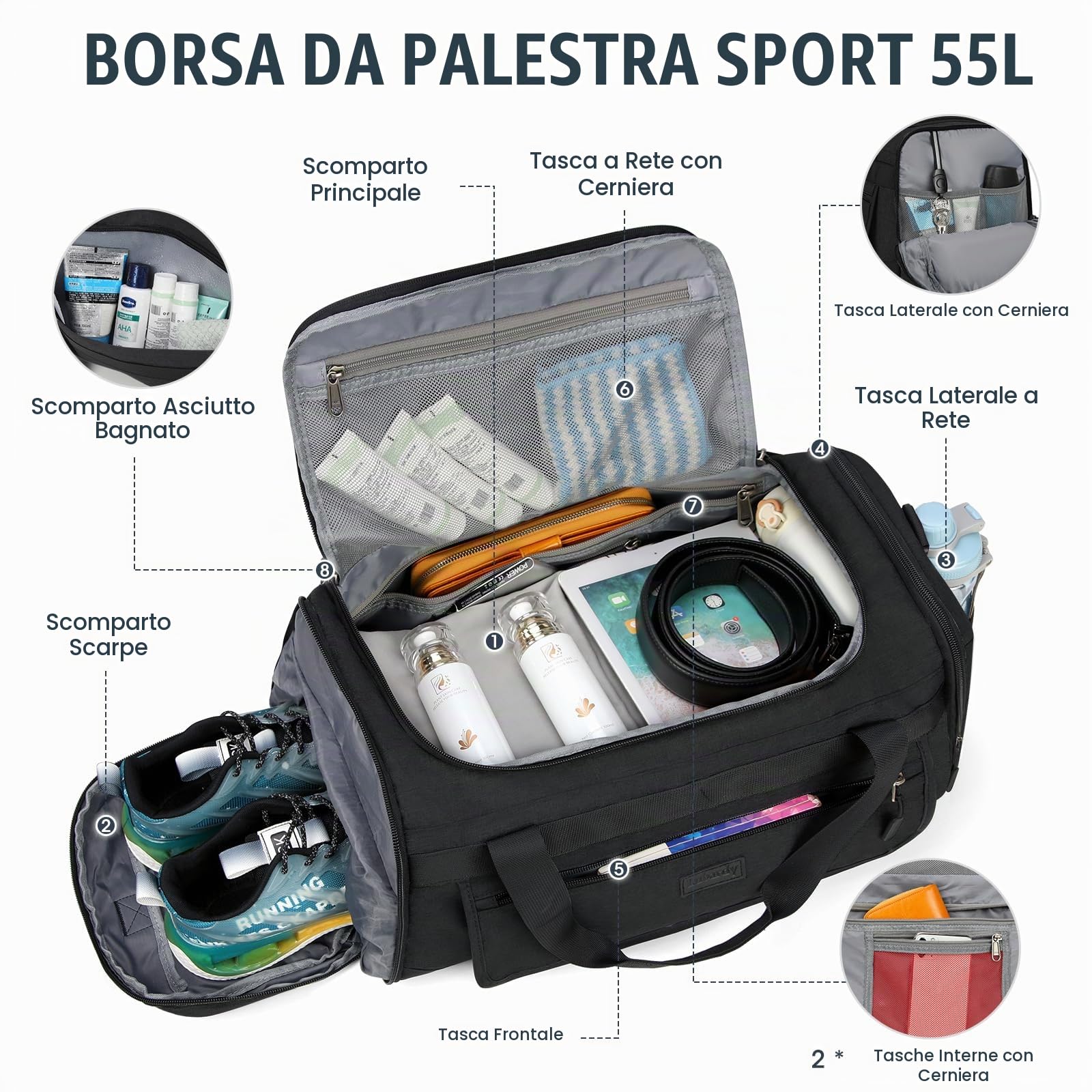 Borsone Palestra Borsa Sportiva con Tasca Bagnata e Scomparto Scarpe Impermeabile Borsone da Viaggio per Uomo Donne Grande Capacità Borsa da Palestra per Sport Viaggi Nuoto,55L