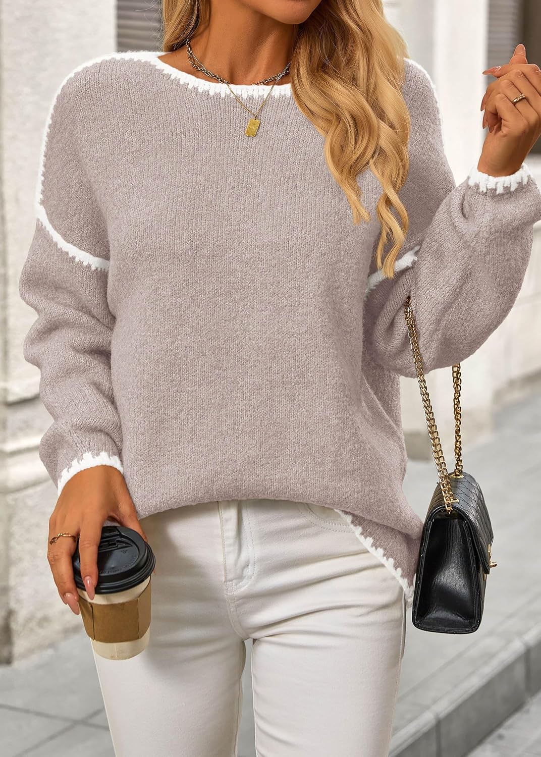 KIRUNDO Womens Sweaters 2026 Fall Oversized Long Sleeve Chunky Knit Crew Neck Contrast Stitching Pullover Winter Clothes - Image 4