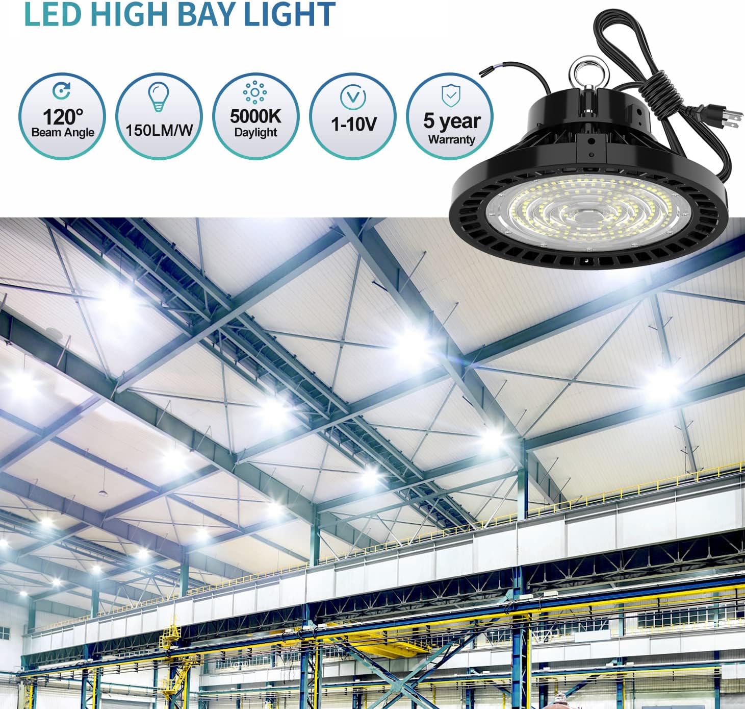 UFO 150W Led High Bay Shop Light Bulb 5000k,Dimmable 22500 Lumens (600W HID/HPS Equivalent) Bright White, Industrial Highbay Warehouse Light Fixtures, AC 90-277V Waterproof IP65 4Pack