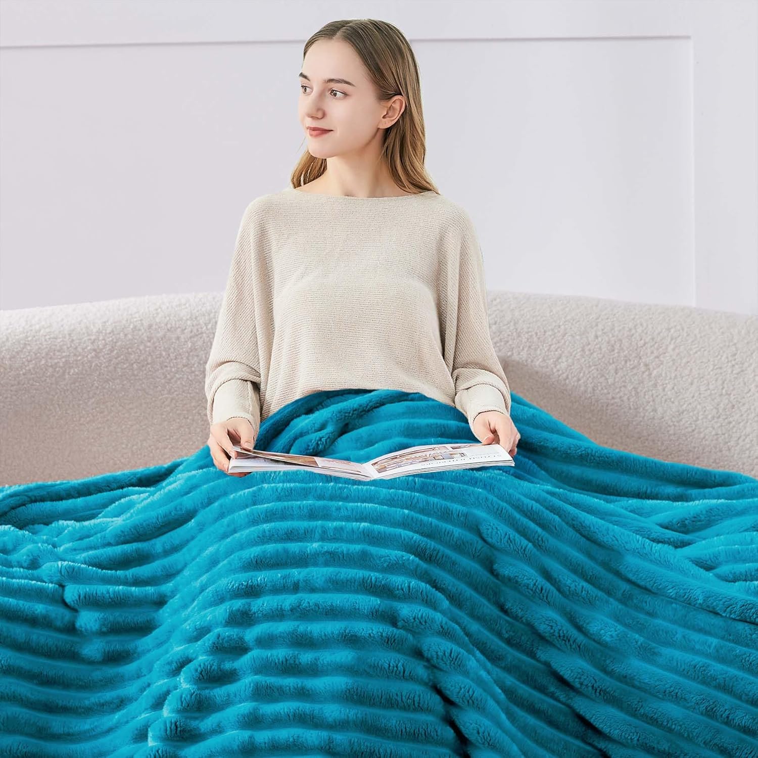 BEDELITE Fleece Throw Blanket for Couch - 300GSM Soft & Warm Fluffy Teal Blanket, Decorative and Giftable Striped Blankets for Women, Men, 50"x60" - Image 3