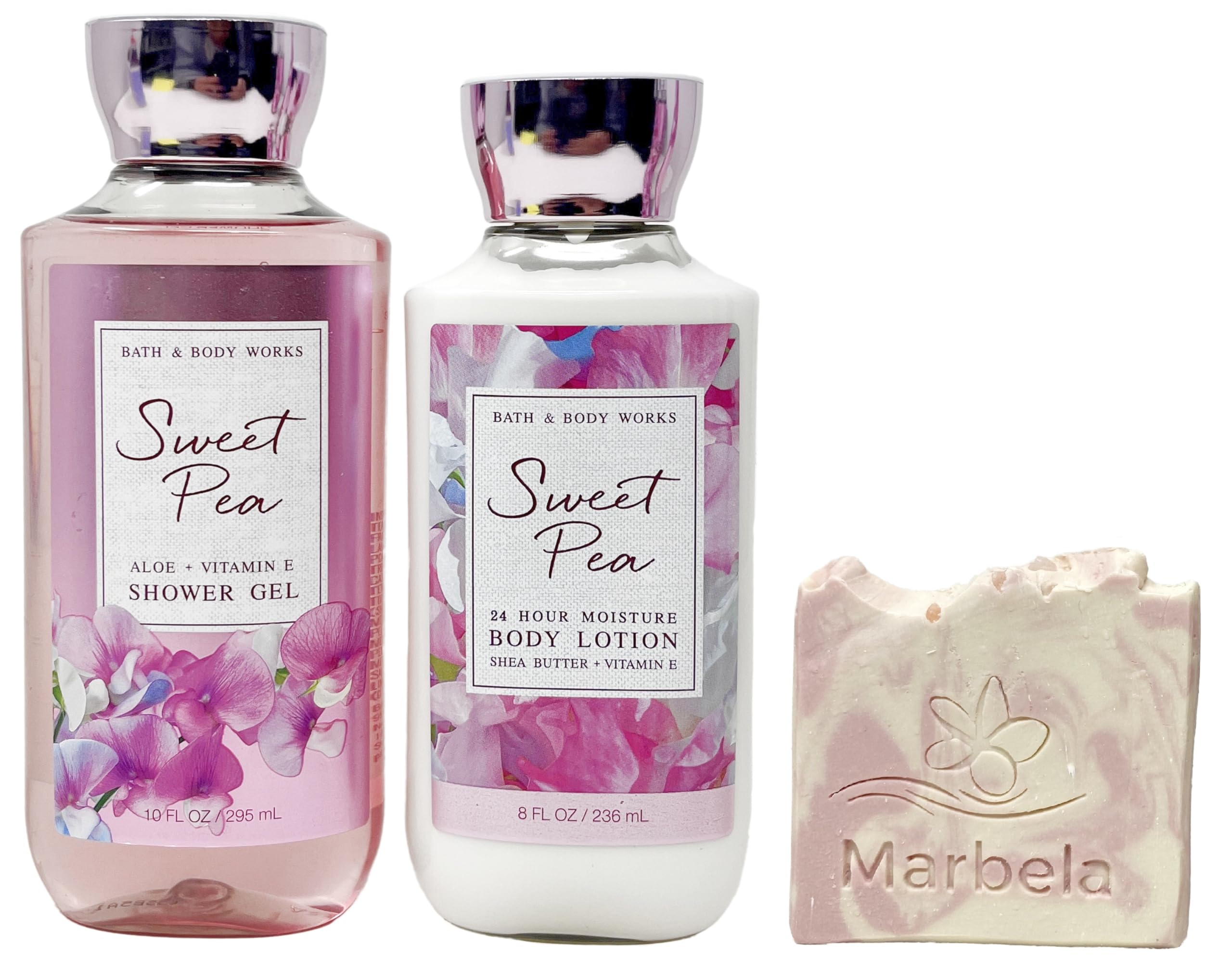 Bath & Body Works Sweet Pea Duo Set - Shower Gel and Body Lotion with a Himalayan Salts Springs Sample Bar Soap
