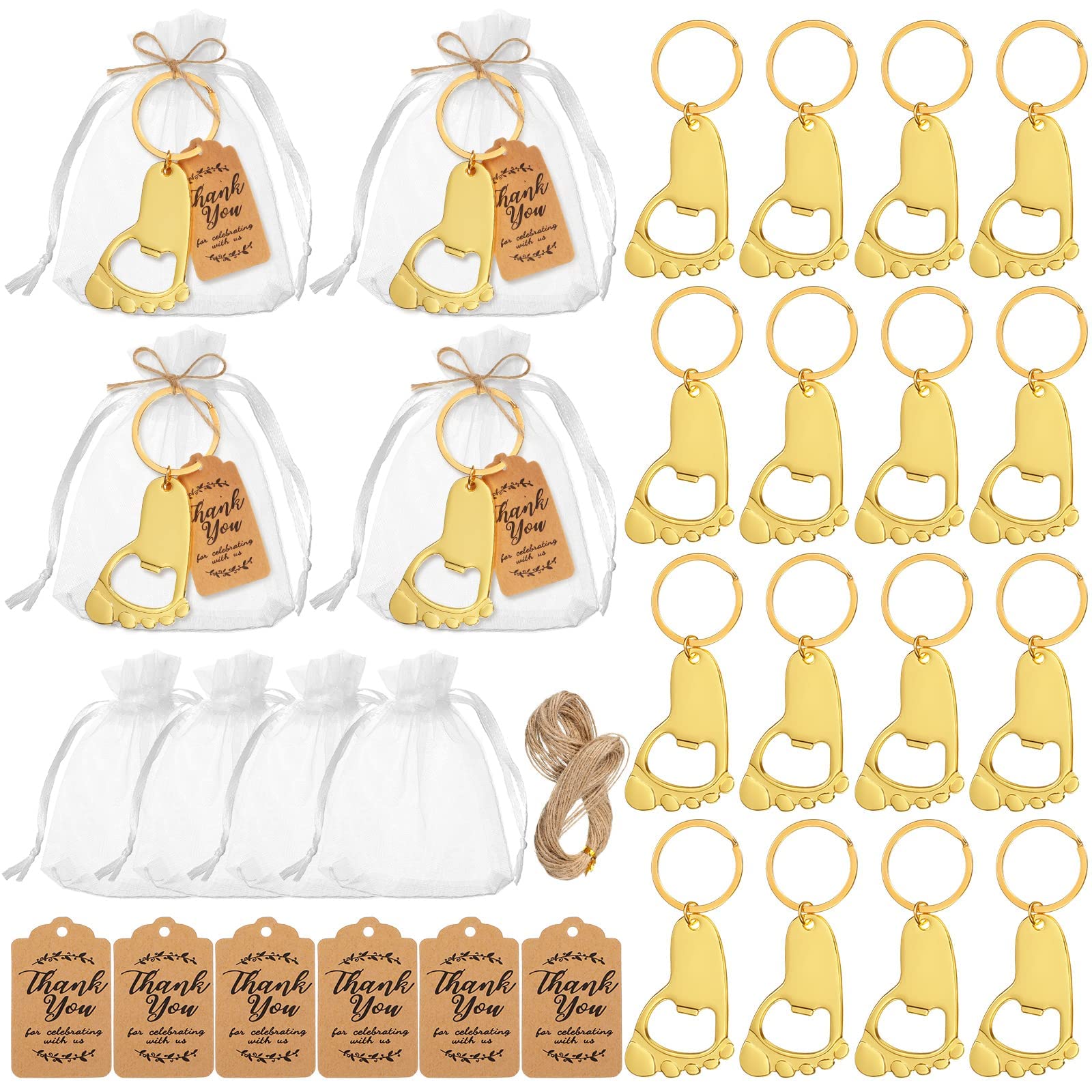 MAKINGTEC 20 Pieces Footprint Keychain Bottle Opener Baby Shower Favors for Guest Baby Shower Souvenirs Bottle Opener Supplies and Decorations with Organza Bags Tags and Rope (Gold)