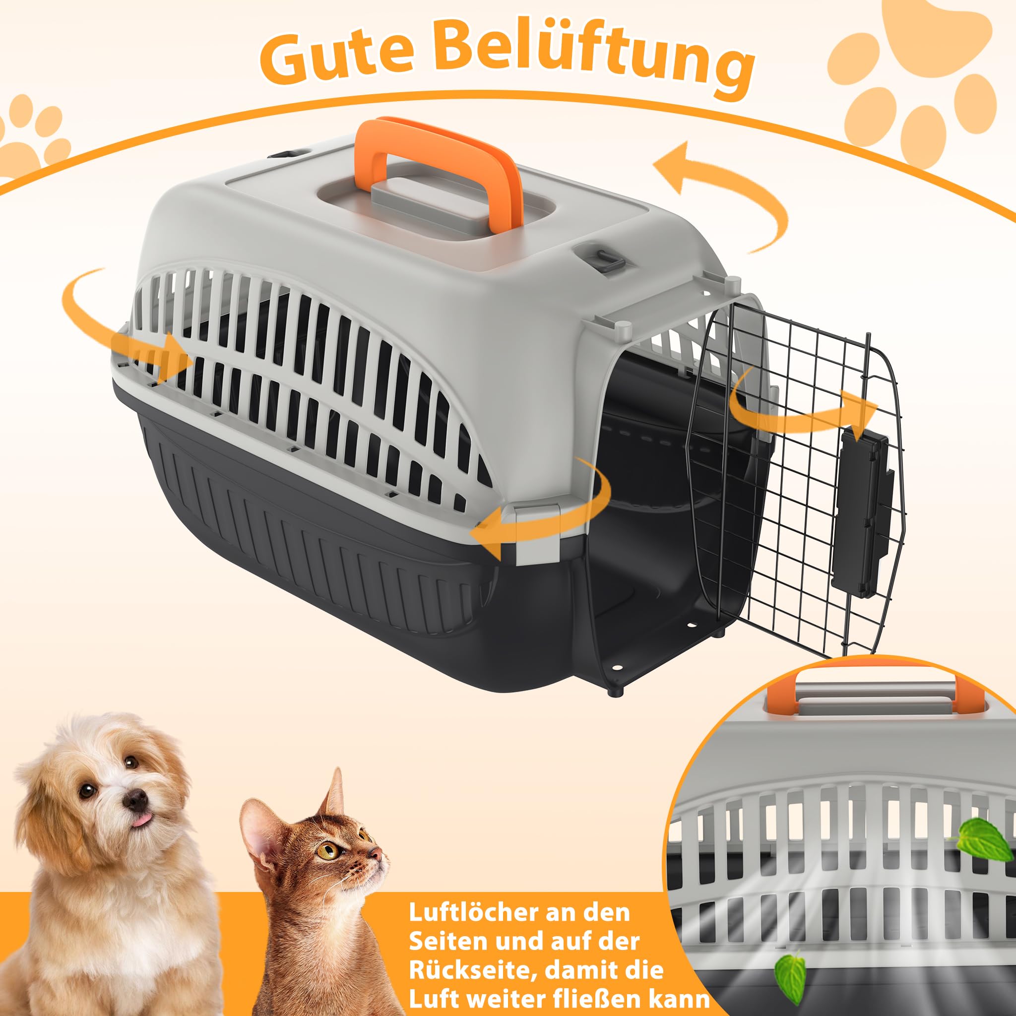 YUENFONG Transportbox Katzen 61x37x37cm Katzentransportbox für kleine Hunde, Tiertransporter aus ABS & PP Kunststoff Material, mit Metalltür & Napf, Grau und Schwarz