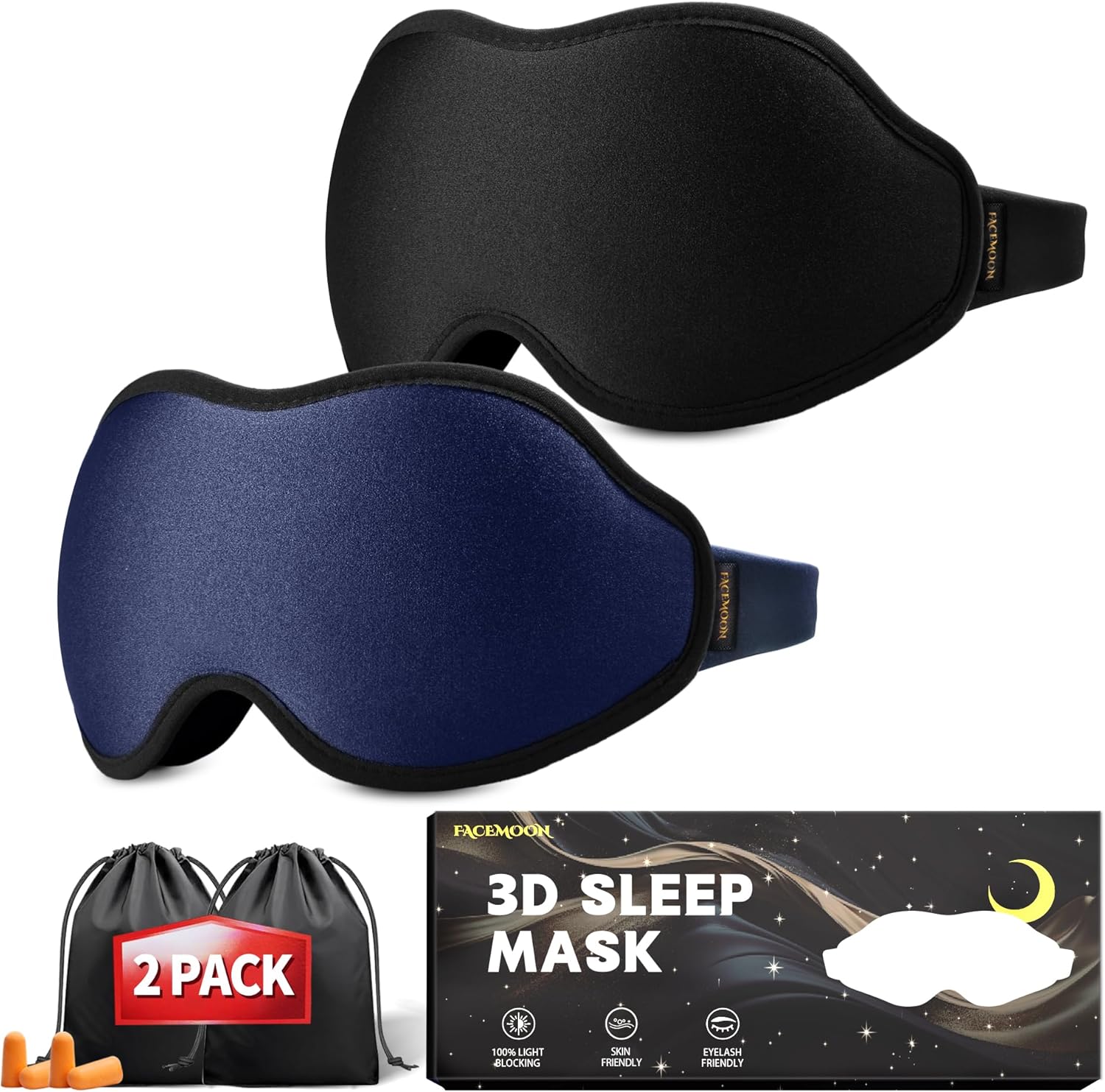 2pk Sleep Masks for Women Men - Blackout Eye Cover for Lash Extension, 3D Contoured Sleep Mask for Side Sleeper, Soft Memory Foam, Sleep Masks for Travel, Airplane, Night(Cloud Black, Cloud Blue)
