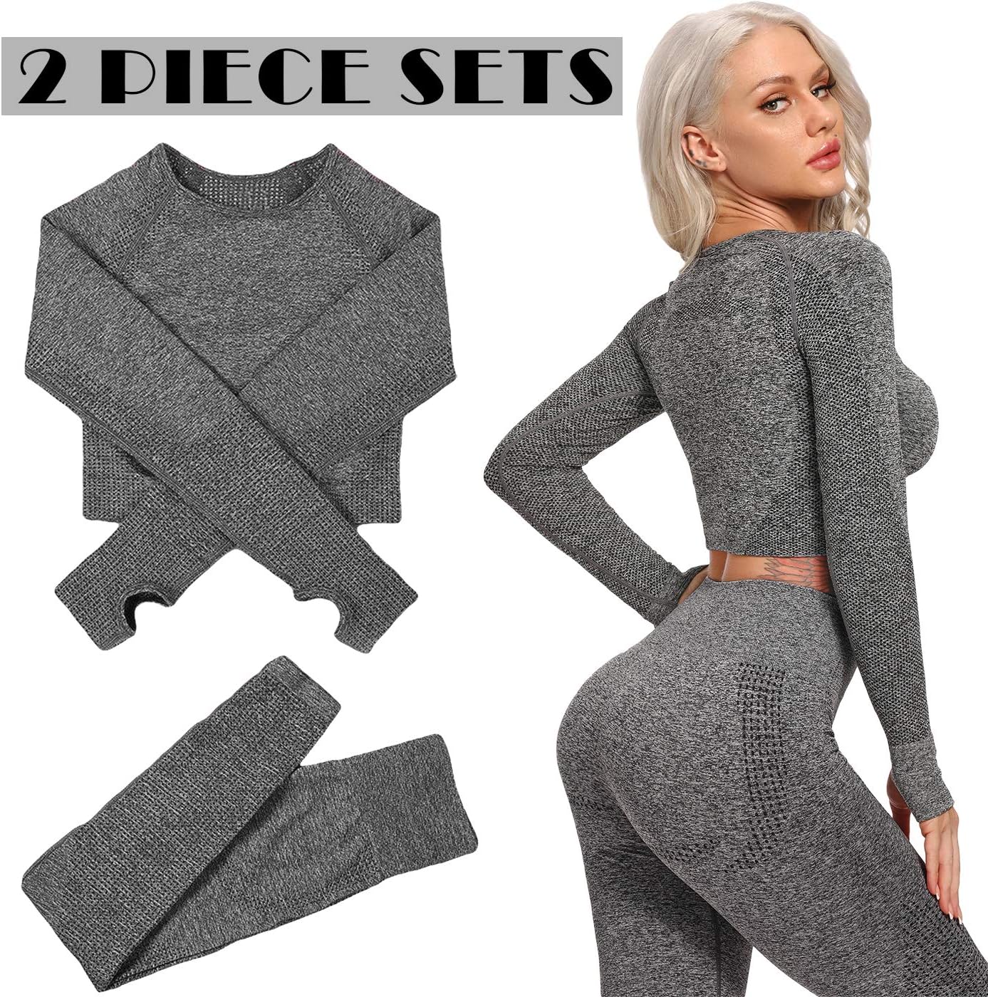 YOFIT Women's Workout Outfit 2 Pieces Seamless High Waist Yoga Leggings with Long Sleeve Crop Top Gym Clothes Set - Image 3