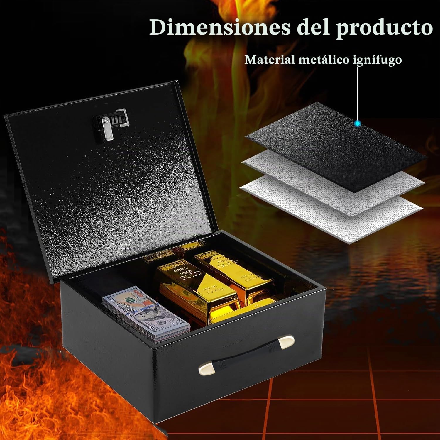 Caja Fuerte Portátil Ignifuga Con Código Numérico y Llave,Caja Fuerte Con Llave,Con Asa,Resistente Al Fuego,Al Agua, Para Dinero En Efectivo,Para Guardar Dinero En Efectivo y Documentos Importantes
