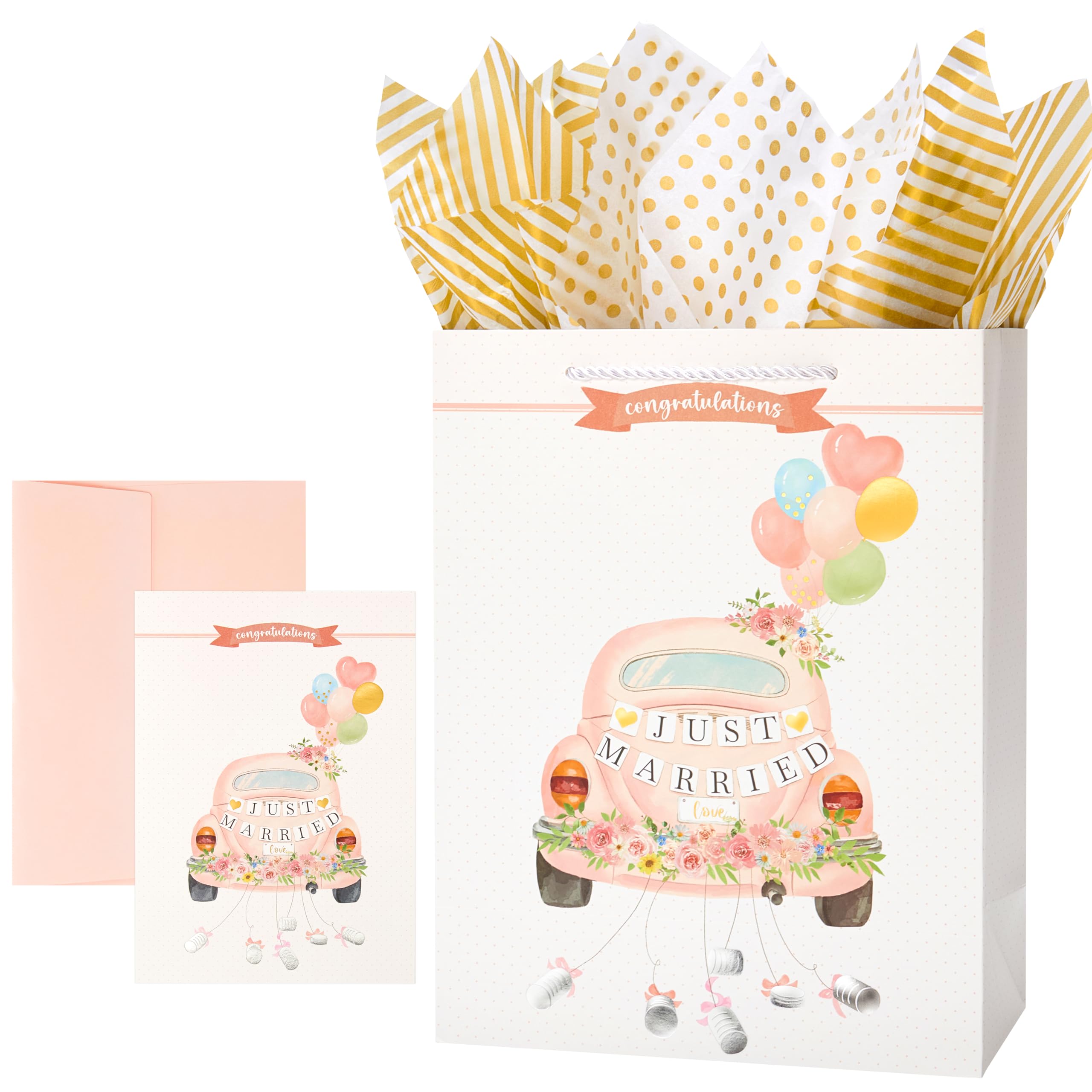 Crisky 13" Wedding Gift Bag with Tissue Paper and Congratulations Wedding Card for Bride and Groom (Just Married), Pink Car Floral Gift Bags for