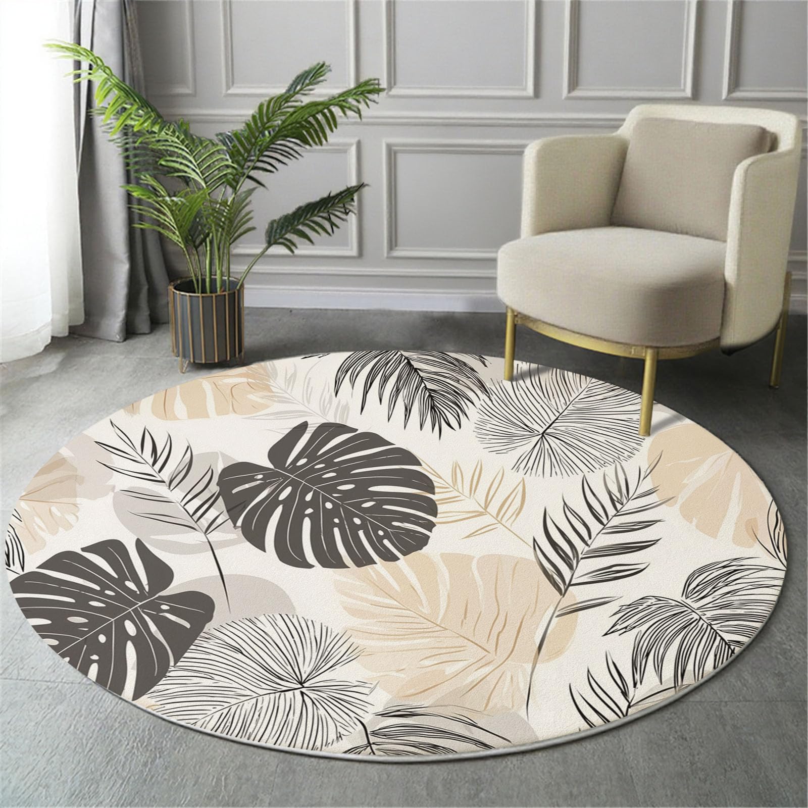 Tapis rond plantes tropicales dessinées à la main douceur premium