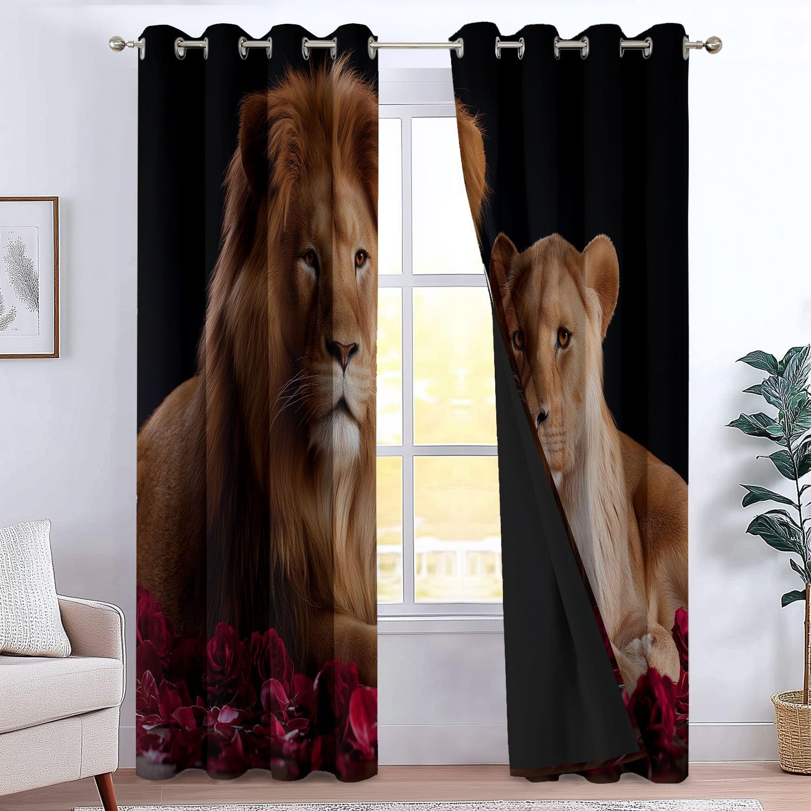 Generico Zasłony zaciemniające 3D z nadrukiem czarny nowoczesny różowy lew - izolowane termicznie zasłony do pokoju i sypialni - zestaw 2 paneli 110 x 215 cm poliester