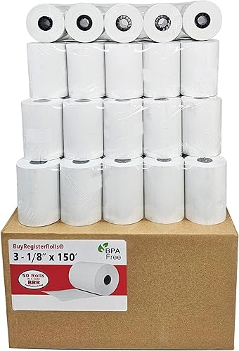Miniatura 1 de 50 rollos rollos de recibos de papel térmico de 3 18 x 150 pulgadas se adapta a todas las impresoras de caja registradora POS de Clover de 55 GSM