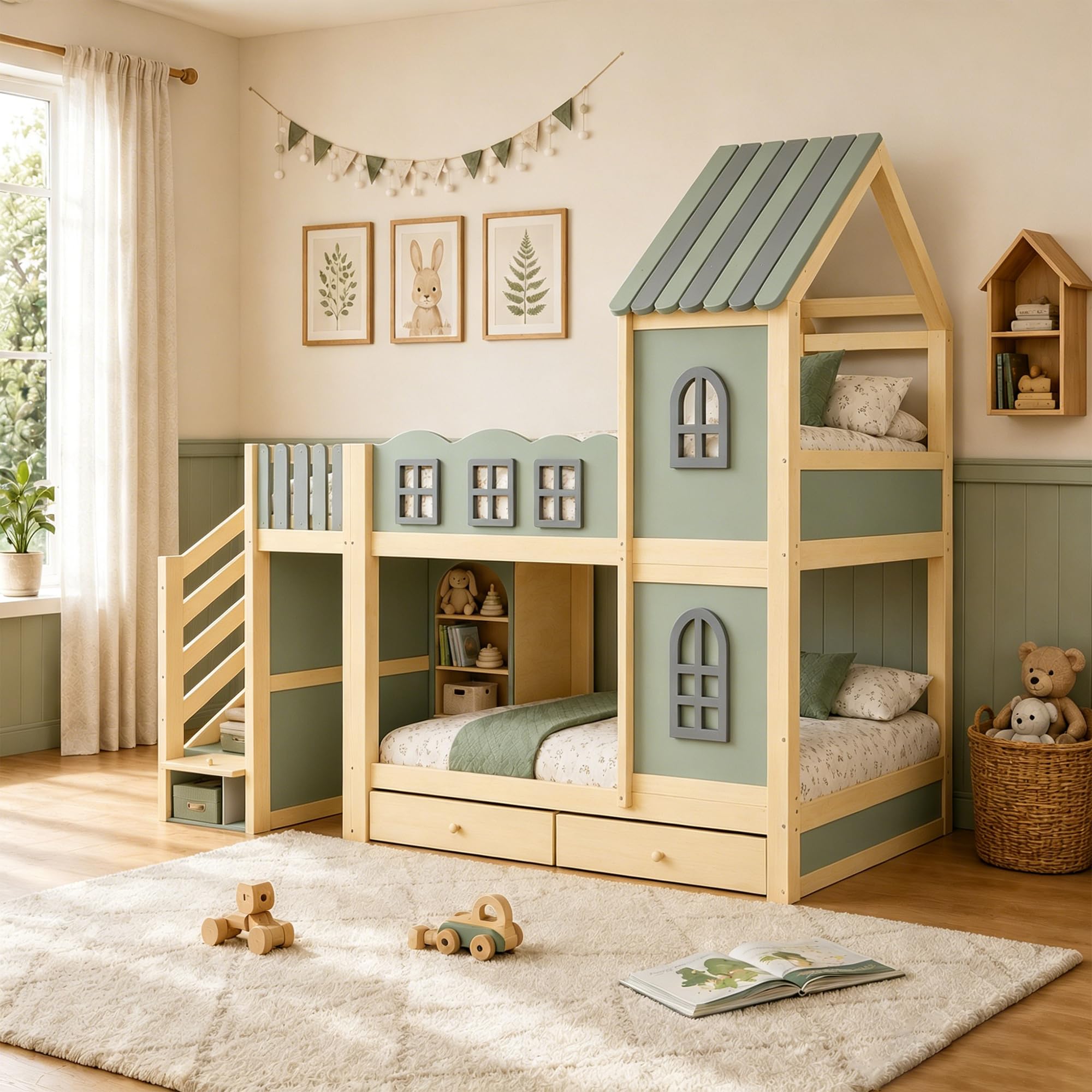 Kinder-Etagenbett 90x200 cm mit Treppe Stauraum und Schubladen, stauraumbett mit Offenes Fach, Holzbett mit Dachkonstruktion und Fenstern, Kinderbett, Doppelbett, Grün(Ohne Matratze)