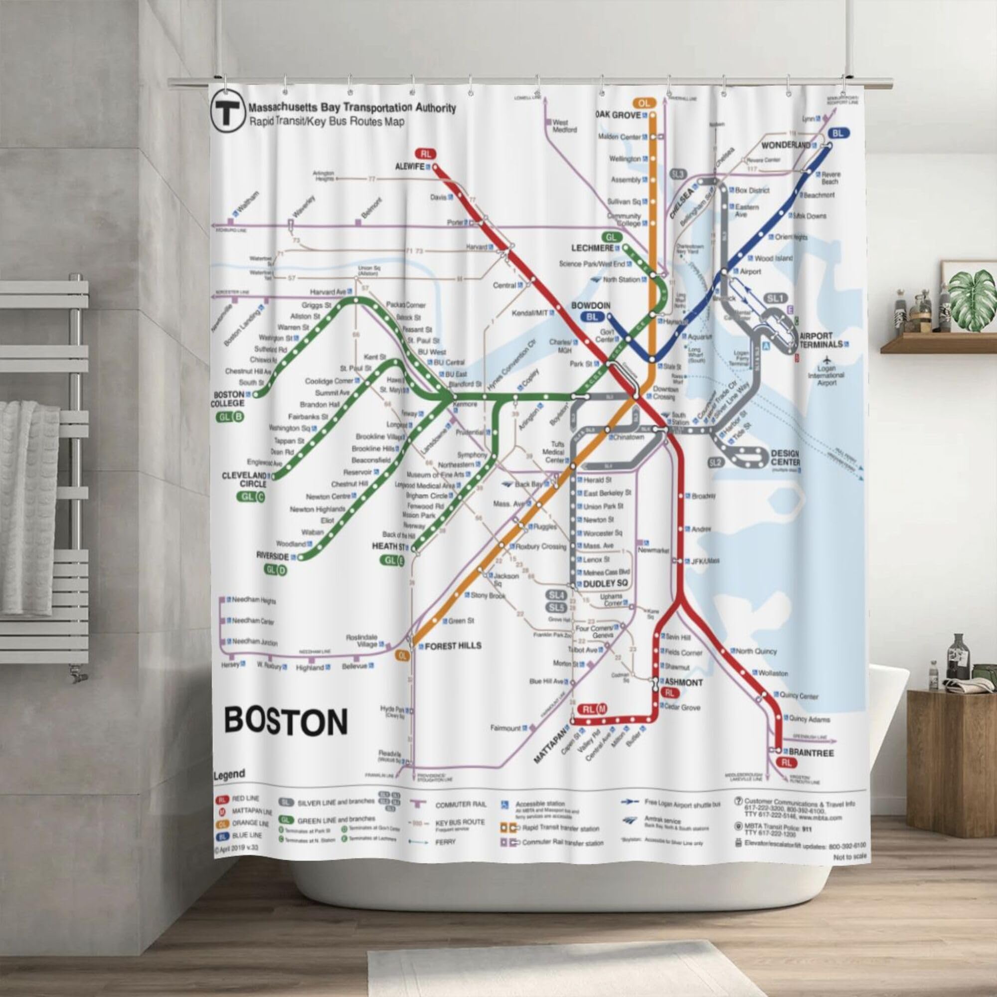 Boston Subway Map Shower Curtain White Subway Map Shower Curtains for Bathroom Waterproof Polyester Fabric Shower Curtain Sets with Hooks 66x72 Inch