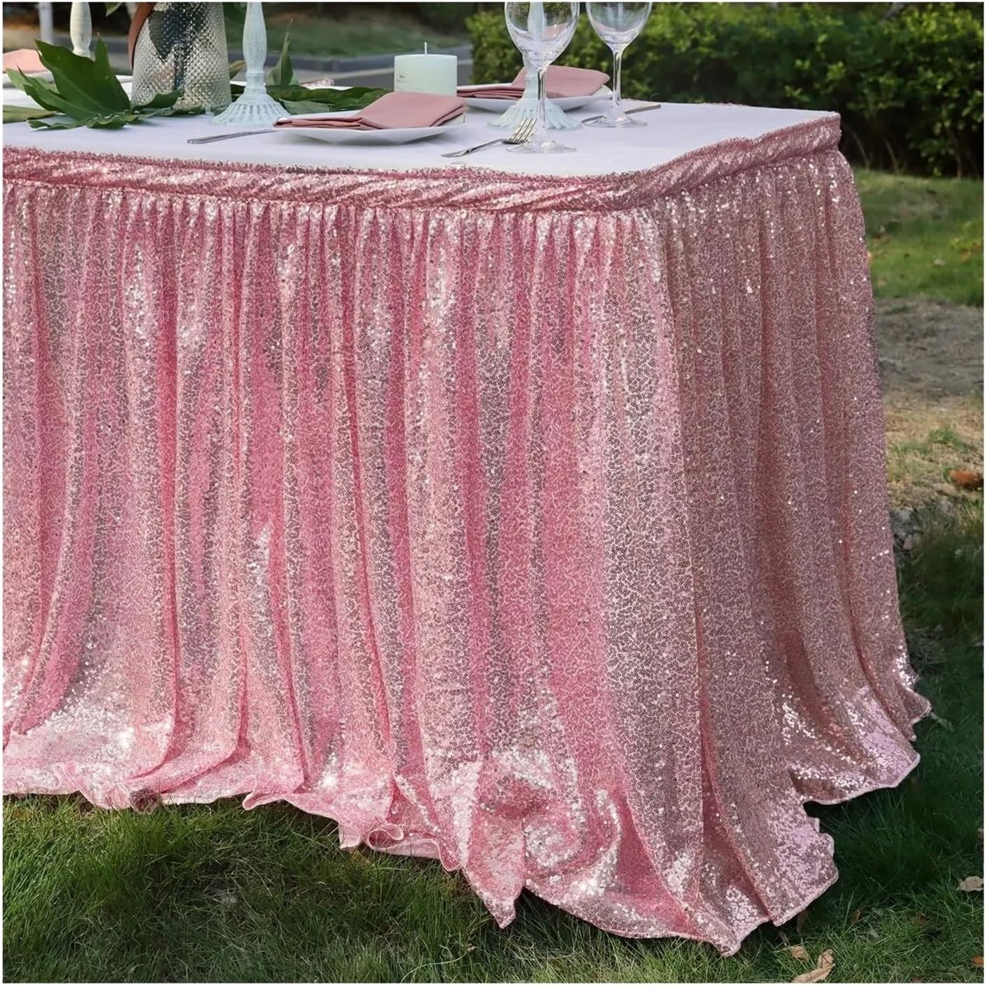 Party Table Skirt Light Gold Sequin Table Skirt Tablecloth Glitter Sparkly Shimmer Rectangle Covers for Birthday Party Event Wedding(Pink,12ft 70x426cm)