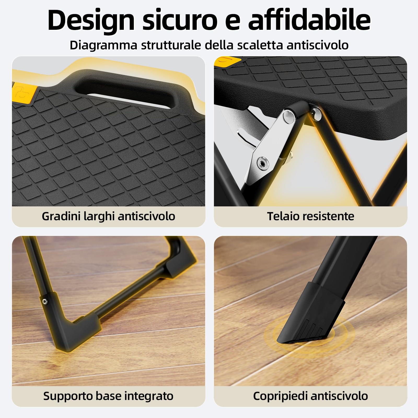 Urackify Scaletta 2 Gradini, Scalino Pieghevole con Pulsante di Sblocco | Sgabello con Pedana Antiscivolo, Leggero in Acciaio per Casa, Cucina, Camper, Roulotte, Portata fino a 150 kg, Nero