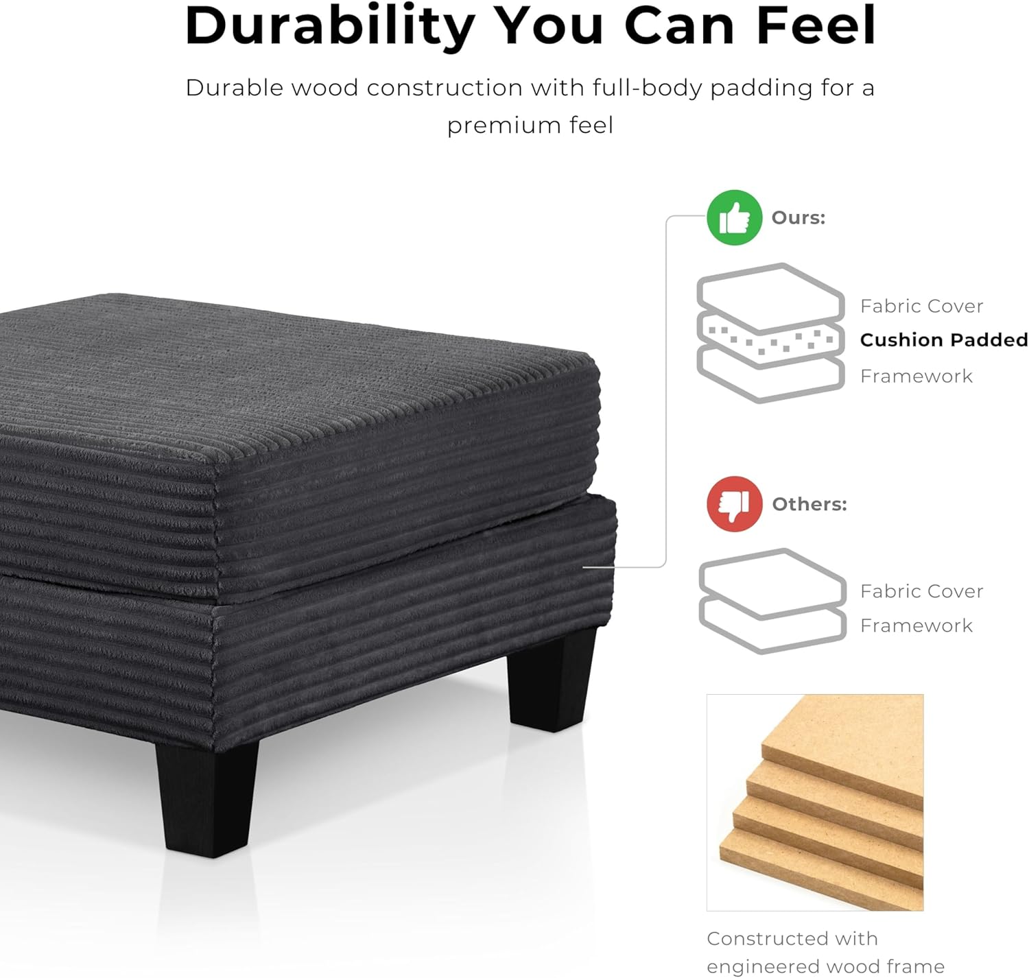 HOMES: Inside + Out Reese Modern Chenille Square Storage Ottoman with Flip Top and Padded Seat, Upholstered Footstool for Living Room, Bedroom, Entryway, Dark Grey