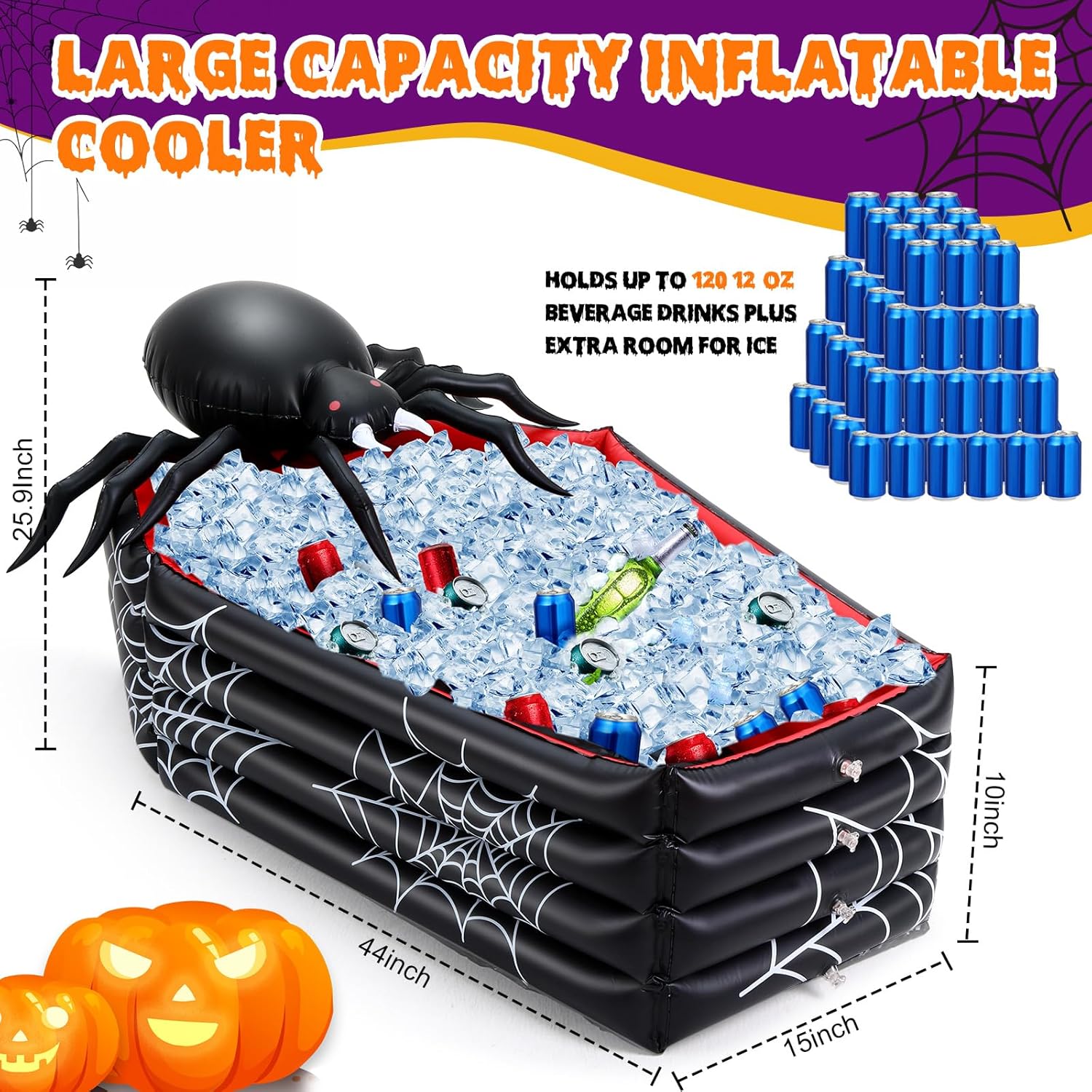 Liliful 44 Inch Halloween Cooler Spider Inflatable Drink Holder, Coffin Cooler Halloween Decor Inflatable Coffin Buffet Beverage Holder for Birthday Pool Vampire Party(1 Pack)