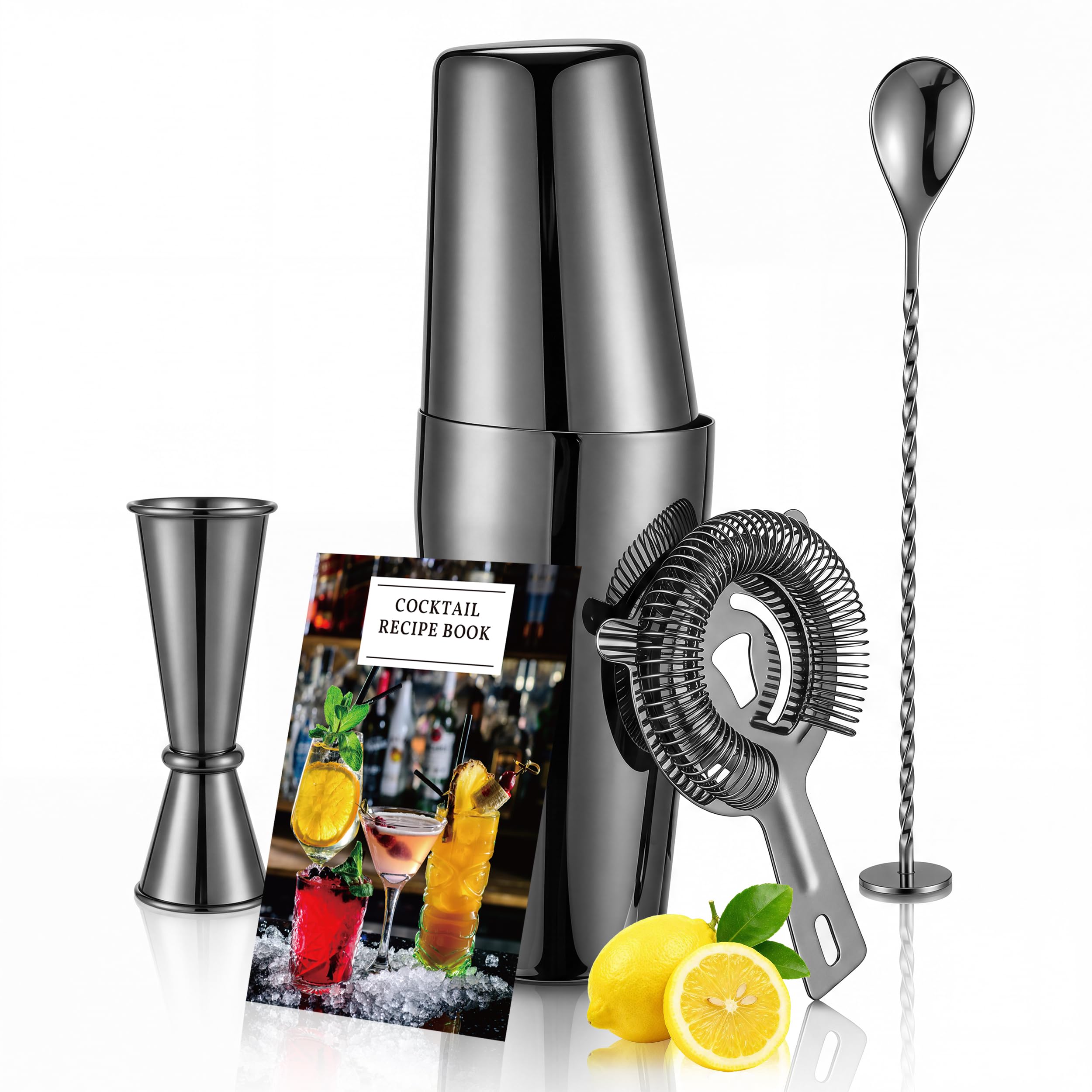 Boston Cocktail Shaker Set, 18 oz &amp; 28 oz 2-Piece Tins, 304 Stainless Steel Bartender Kit 5-Piece Bar Tool Set with Recipe Book, Perfect for Novices &amp; Pros, Home and Bar Use (Black)