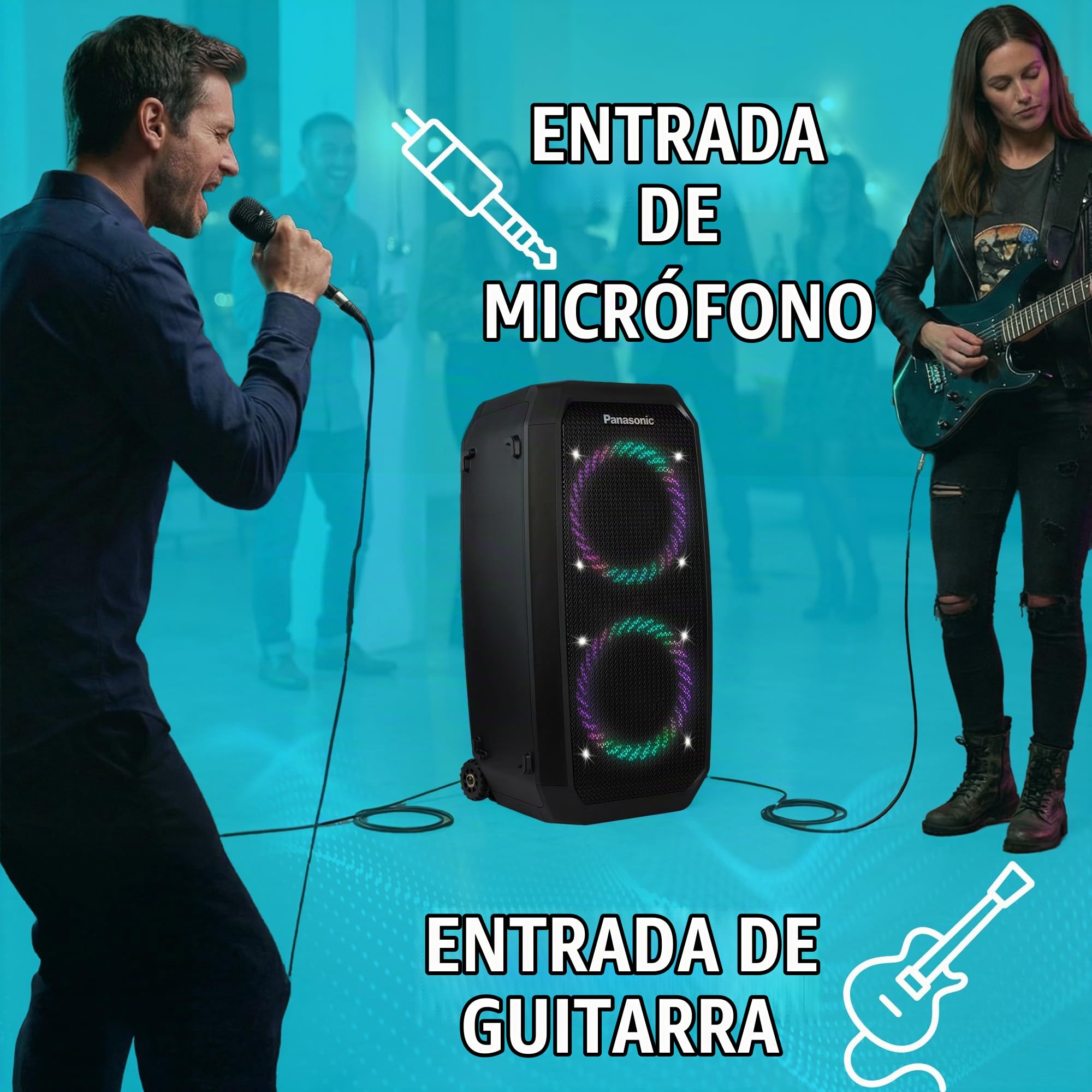 Panasonic SC-BMAX30 Altavoz Portátil para Fiestas con Bluetooth, Luces Integradas, Entrada Bass Reflex, 320 W, 14h de autonomía, USB, IPX4, Entradas para Guitarra y Micrófono para Karaoke, Negro