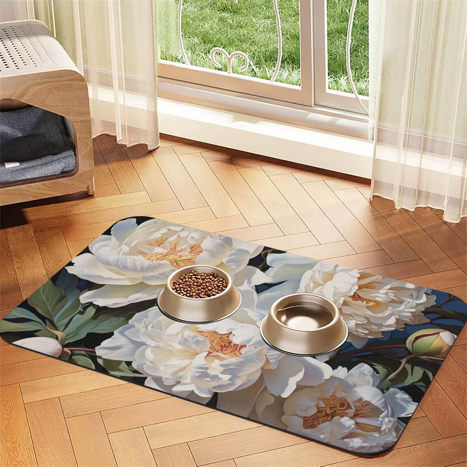 Tapis de nourriture pour chien pivoine blanche 30x45cm