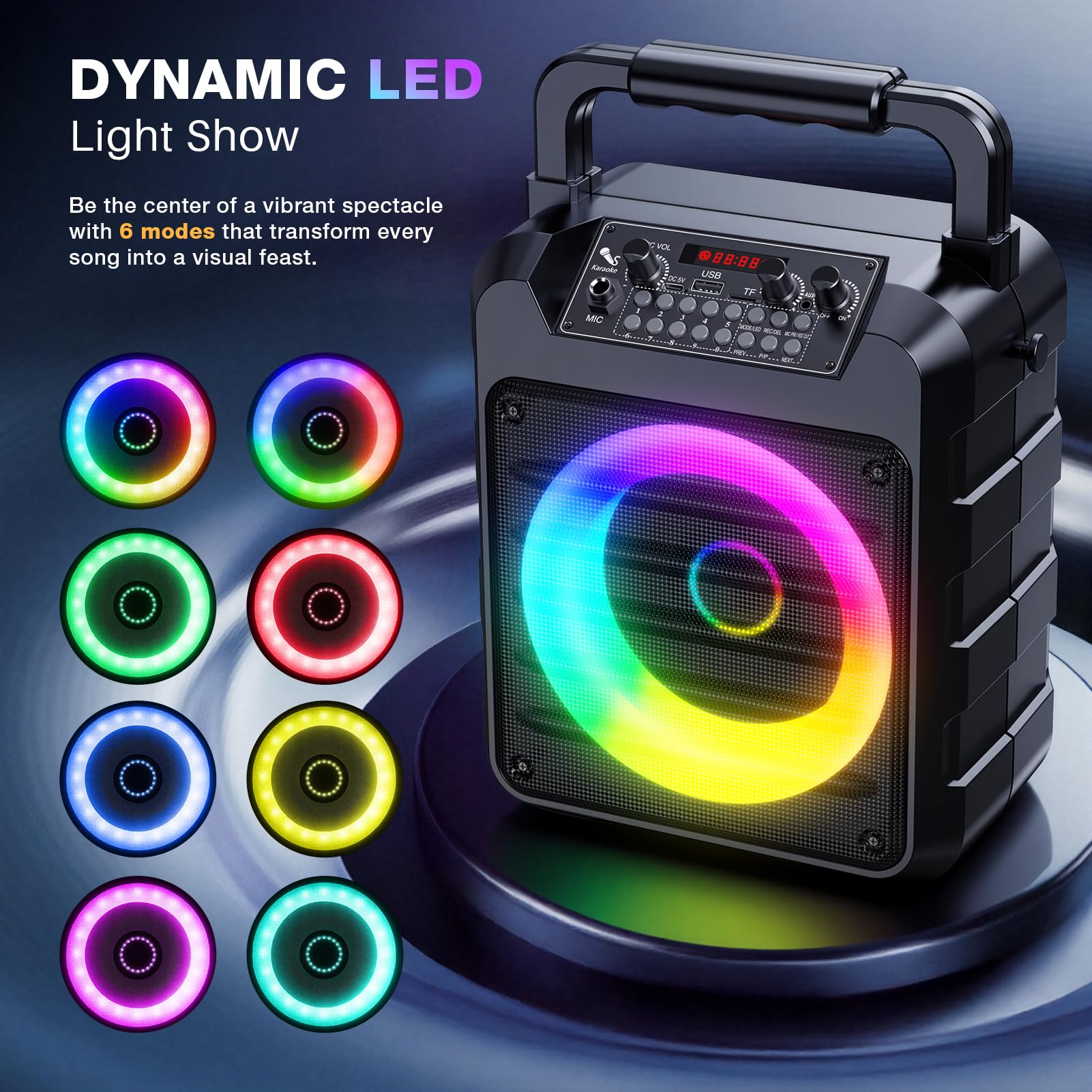 Dislocati Karaoke Maschine mit 2 Wireless Mikrofonen - 20W Tragbarer Party-Lautsprecher, LED-Lichtshow, TWS, AUX/USB, Bluetooth 5.3, 12h Laufzeit - Geschenk Für Erwachsene und Kinder
