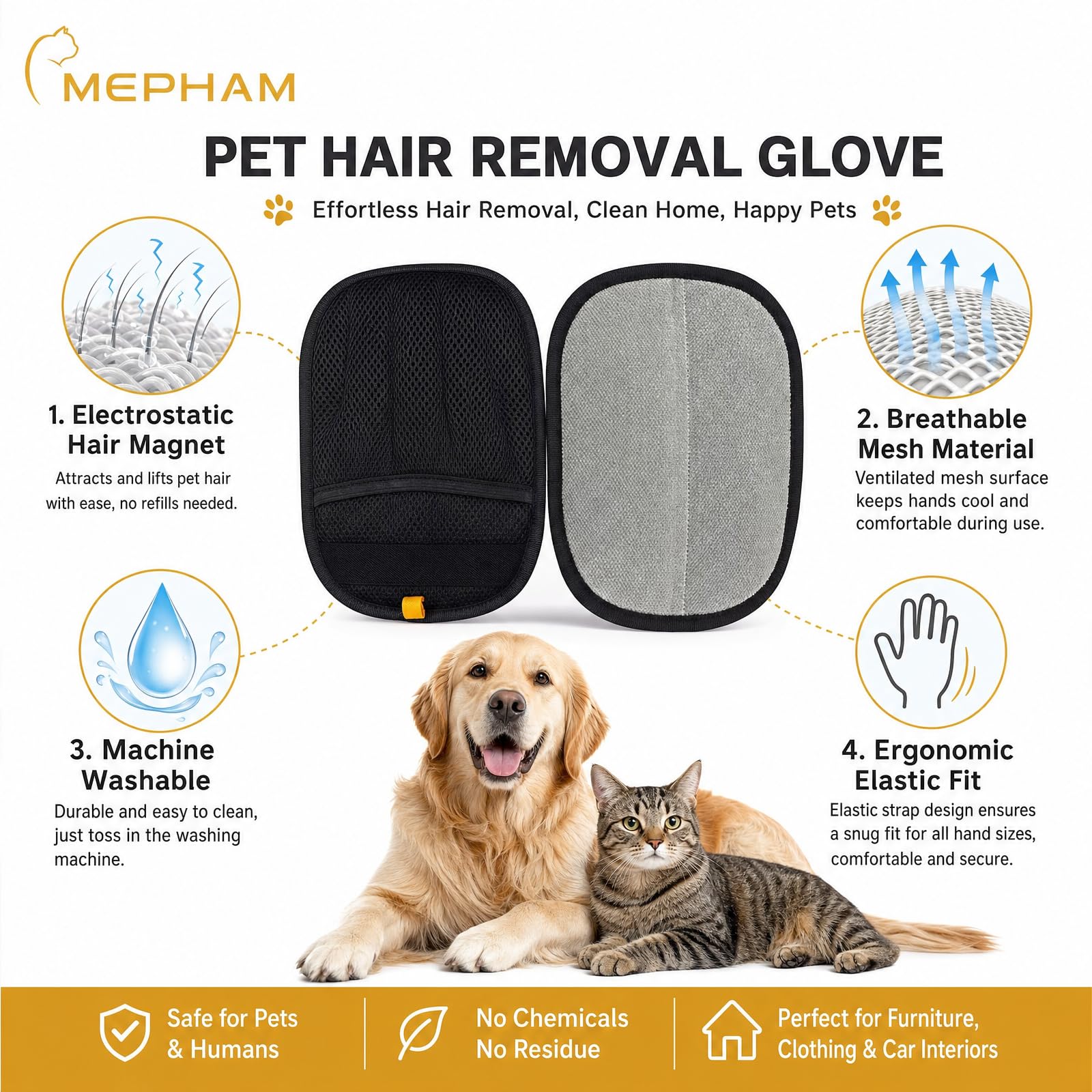 Mepham Tierhaarentferner Handschuh - Fellmagnet für Katzenhaare & Hundehaare, Doppelseitiger Haarentferner Tierhaare, Waschbar & Wiederverwendbar, Fusselhandschuh für Sofa, Kleidung & Auto