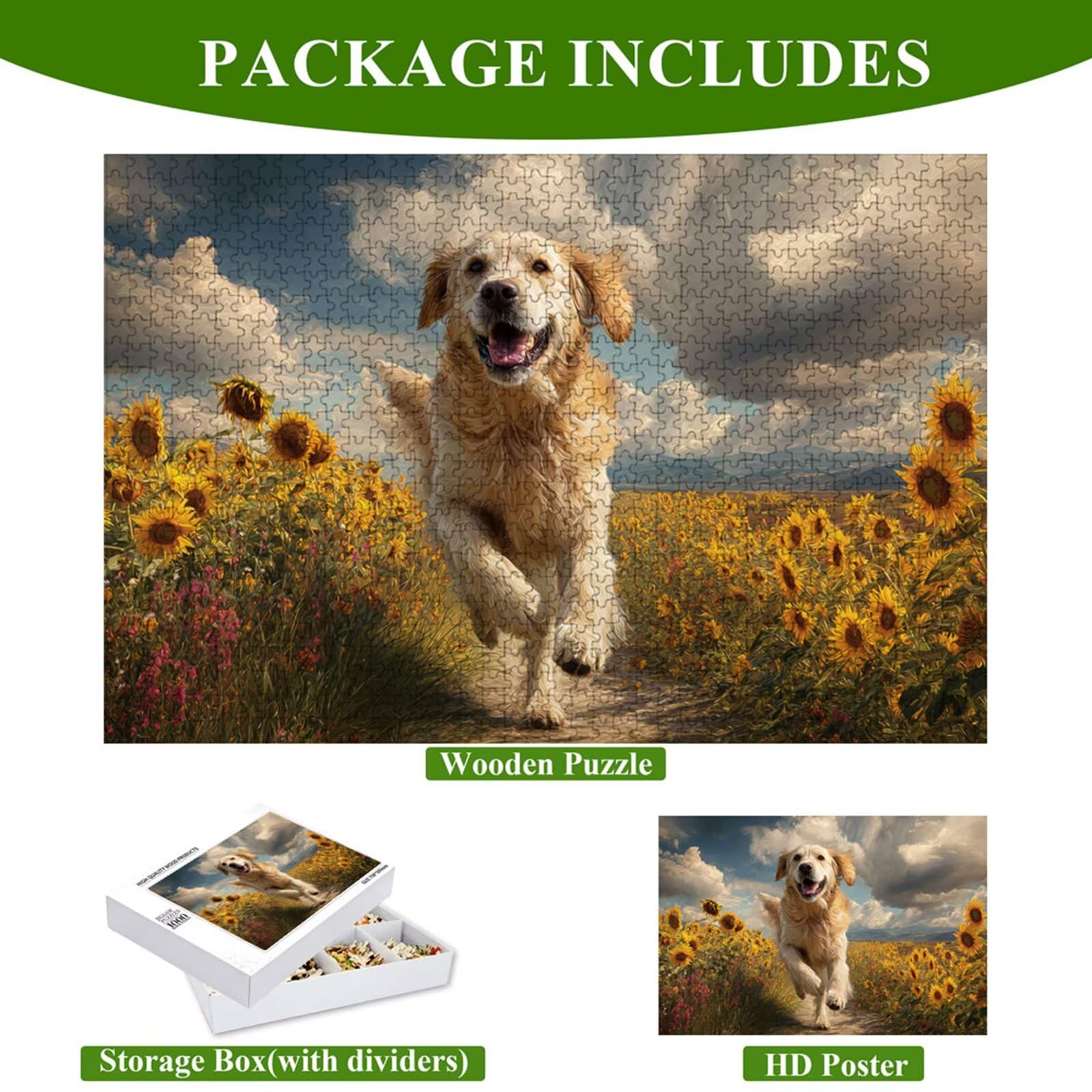 Puzzle 2000 elementów - pies i słonecznik - trwałe drewniane puzzle z literami z tyłu - 75 x 105 cm - Kreatywne hobby bez kurzu - artykuły kolekcjonerskie i 14 lat w ponad P3#343