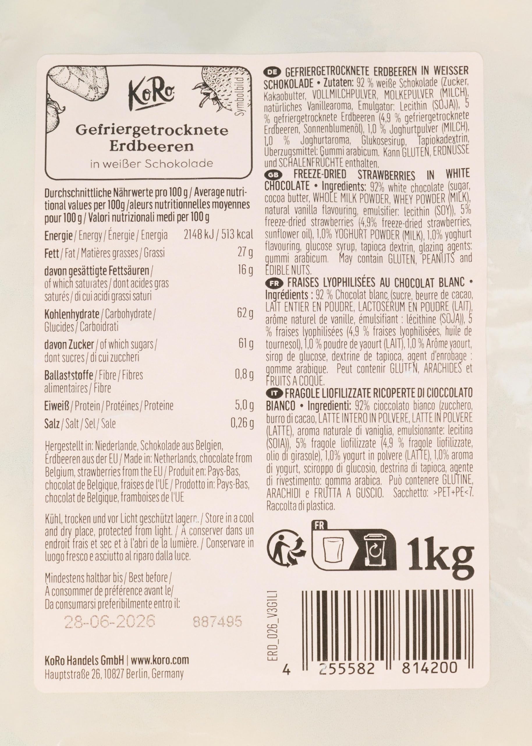KoRo - Fragole liofilizzate al cioccolato bianco 1 kg - Il cioccolato incontra la frutta - Spuntino ideale - Croccanti e golose