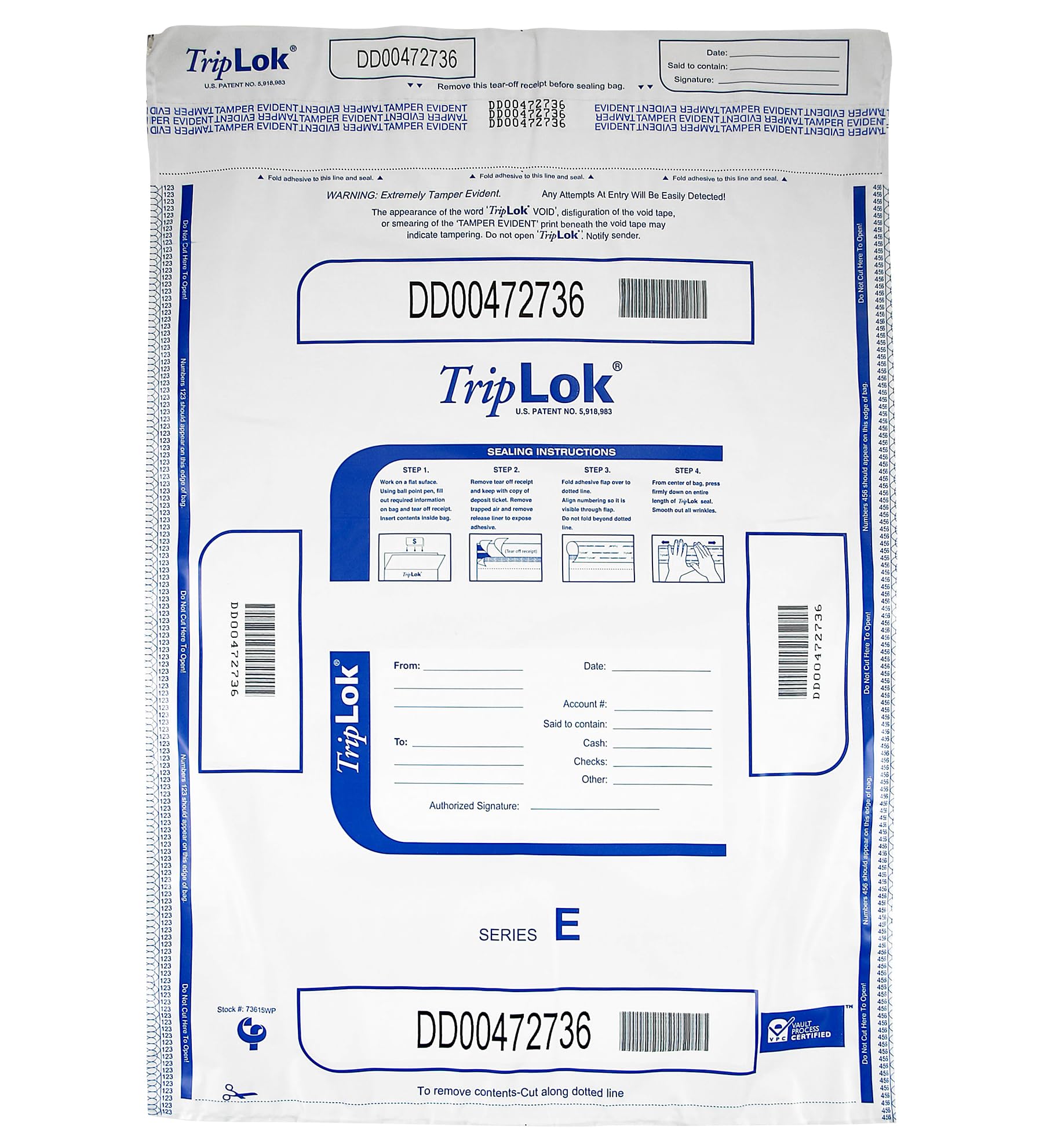 ControlTek TripLok 15" x 20", White with Pocket, 50 Bags, Tamper-Evident Deposit Bags for Cash Handling & Valuables, Moisture, Heat and Cold Sensitive Ink, Tear-off receipt + Large Barcodes 585055
