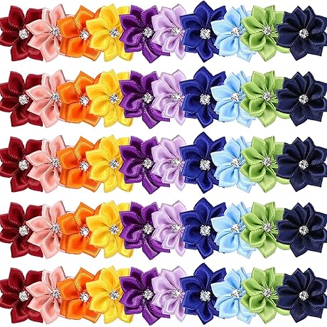 50 Pieces Satin Ribbon Flowers Bows 1.18 Inch Rhinestones Flower Sewing Appliques...