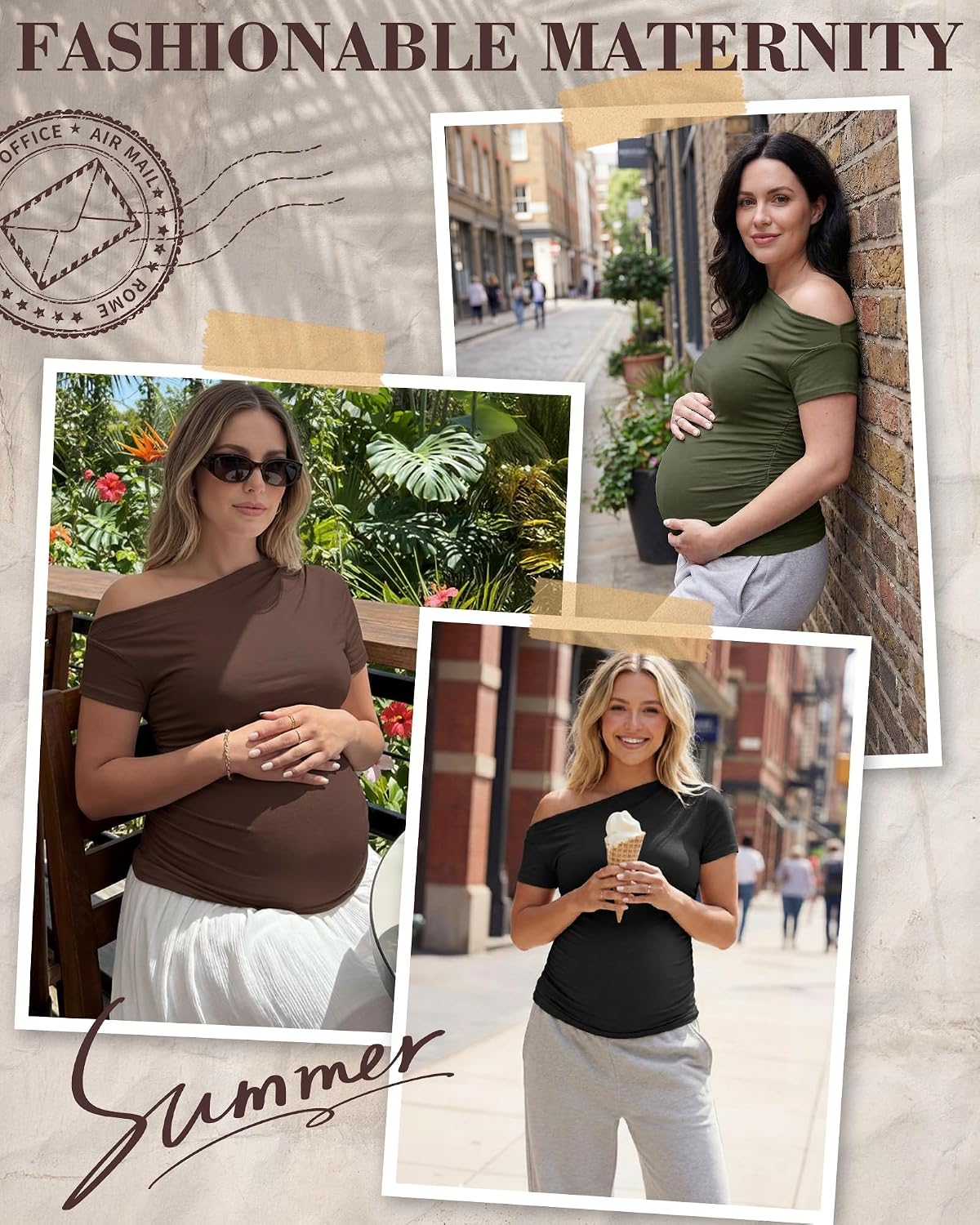 Cutecrop 3 Pack Women Off the Shoulder Maternity Tops Ruched Short Sleeve Pregnancy Shirts Tunic Casual Pregnant T-Shirts
